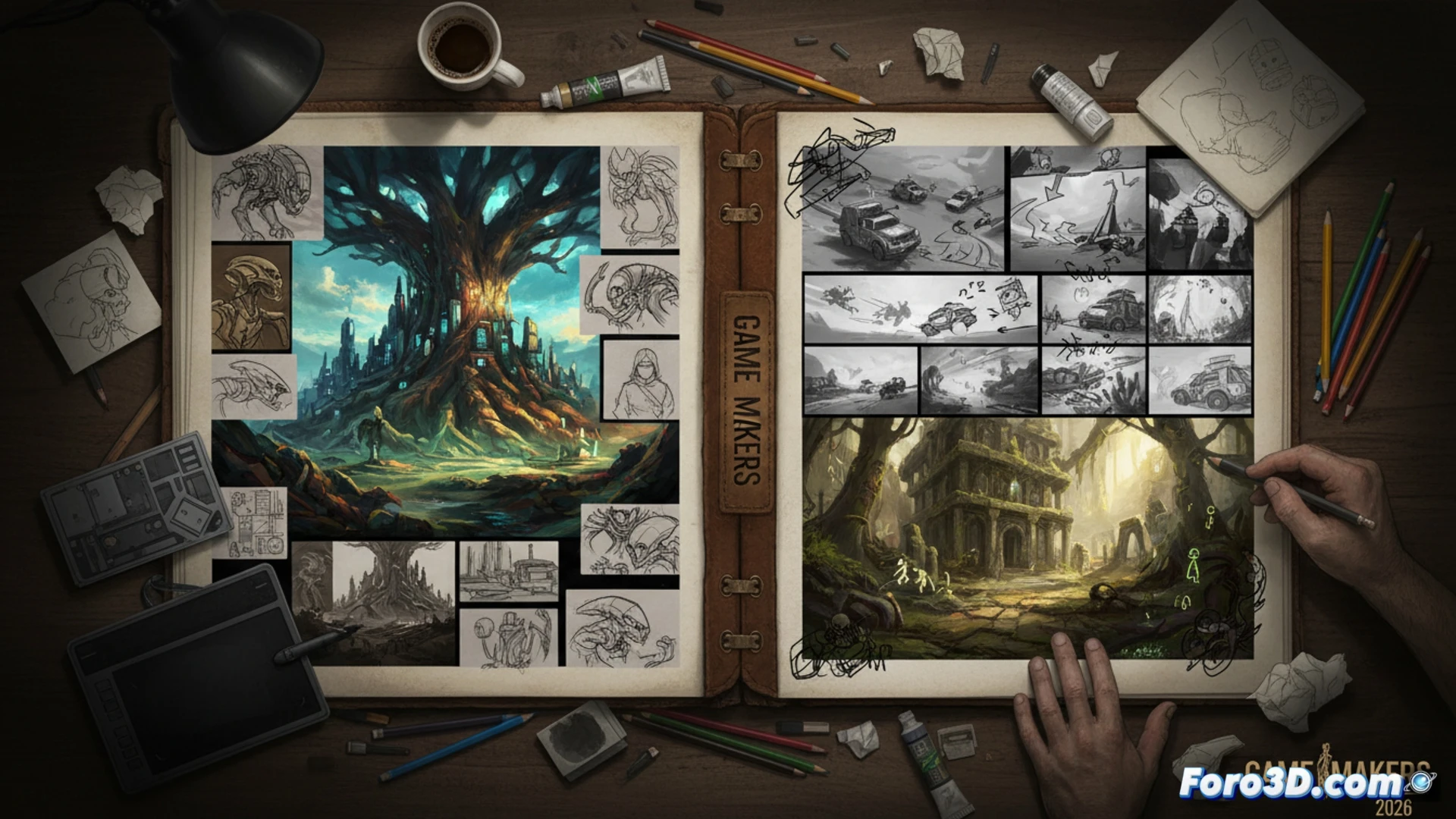 photorealistic cinematic scene of a game artist's workspace at night, multiple monitors showing a fantasy environment concept art with unfinished character sketches, a digital drawing tablet in use while the artist's hand hovers mid-stroke over a glowing stylus, scattered printed storyboard frames on the desk showing a chase sequence, a 3D modeling software interface visible on a side screen with wireframe mesh, soft blue and amber monitor light illuminating scattered pencils and a coffee mug, tools of pre-production process demonstrated, dramatic low-angle shot emphasizing the creative workflow behind the scenes, technical illustration style, ultra-detailed textures on desk surface and screen reflections