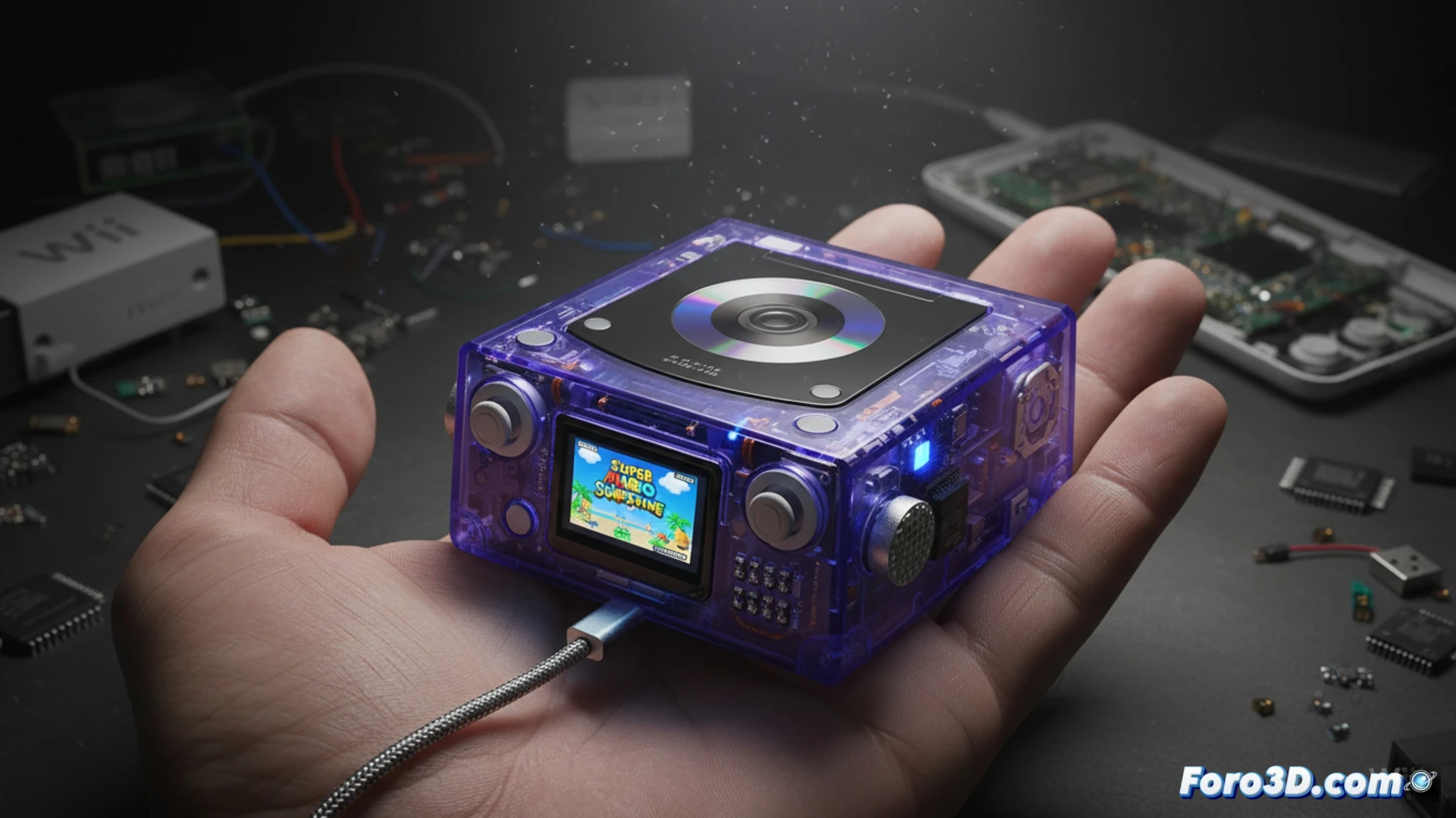 Descripción: Minúscula GameCube portátil en palma, con cables y pantalla, ejecutando juegos nativos sin emulación, asombrosa hazaña técnica.