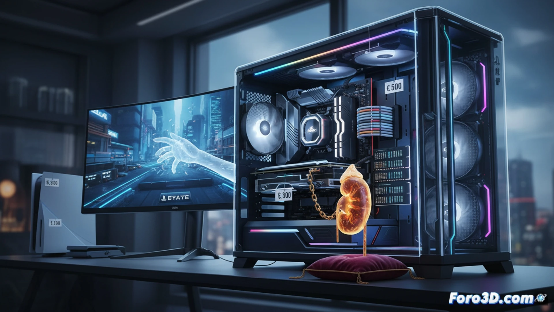 DESCRIPCIÓN: Un PC gaming de alta gama con etiquetas de precio exorbitante, junto a un riñón humano en una bandeja quirúrgica.