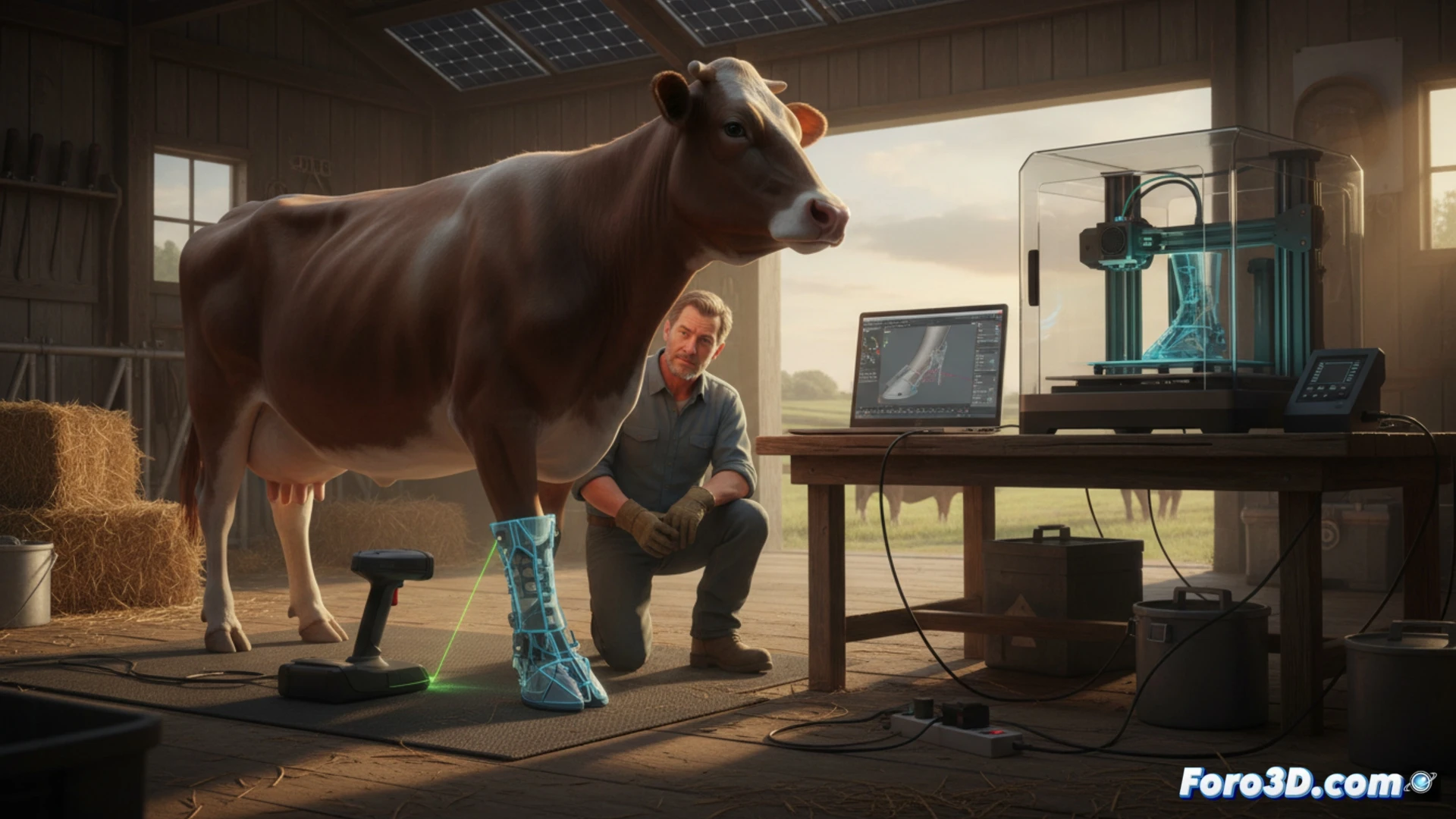 Descripción de imagen: Ganadero junto a vaca, impresora 3D con pezuña ortopédica azul, escáner 3D y pantalla con modelo digital en Blender.