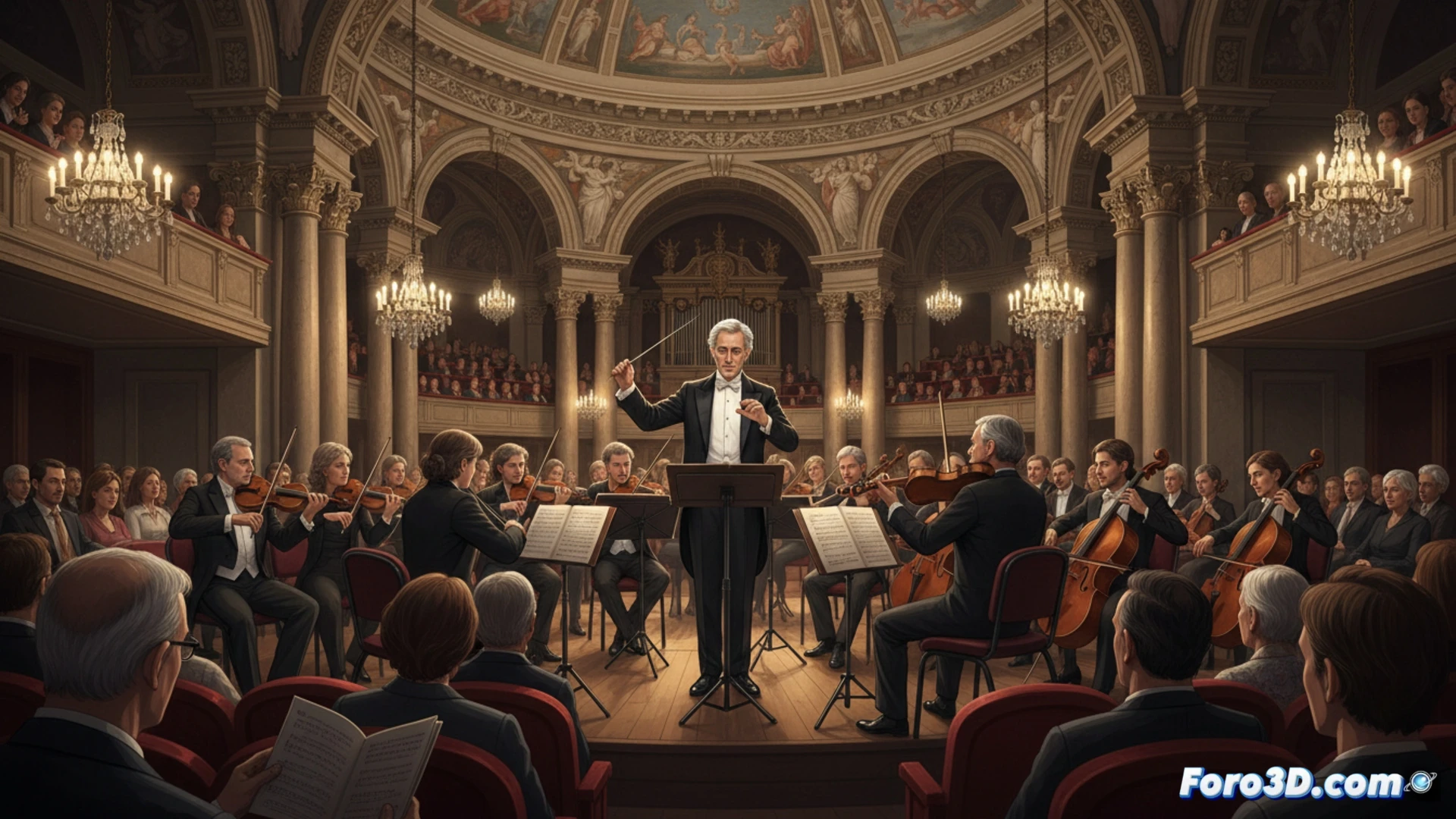 veteran conductor John Eliot Gardiner at 83 leading Constellation Orchestra in Zaragoza concert hall, baton raised mid-gesture during Arriaga passage, musicians focused on sheet music, refined orchestral performance with restrained energy, Haydn score lacking theatricality, warm stage lighting on wooden instruments, audience in dim foreground showing quiet appreciation, cinematic photorealistic style, classical concert atmosphere, detailed textures of string instruments and conductor suit, soft golden backlight, ultra-realistic rendering
