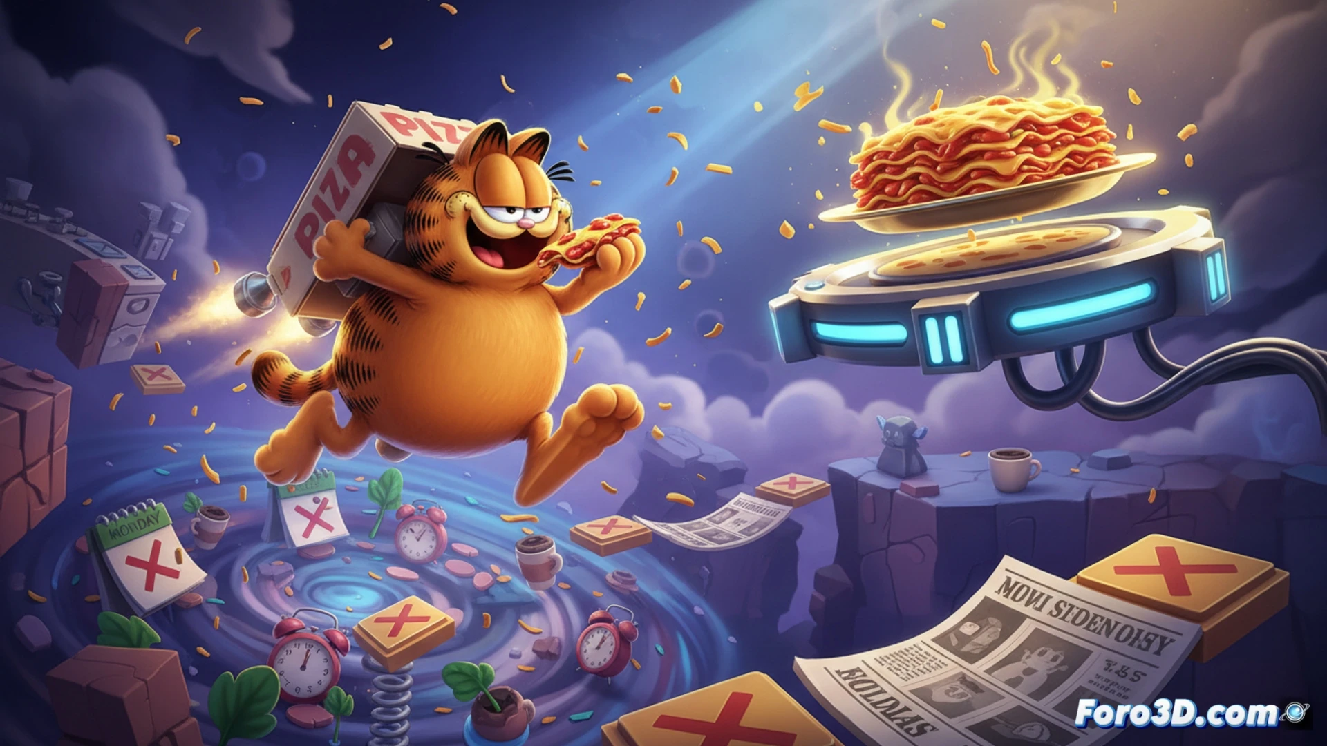 Garfield, en un mundo de plataformas 3D, huye de un lunes gigante mientras devora lasaña flotante.