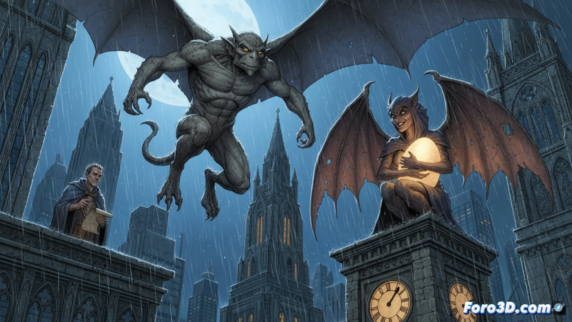 Ilustración nocturna: Gárgolas aladas vigilan Manhattan desde un tejado. Demona huye con un huevo brillante llamado Egwardo entre garras.