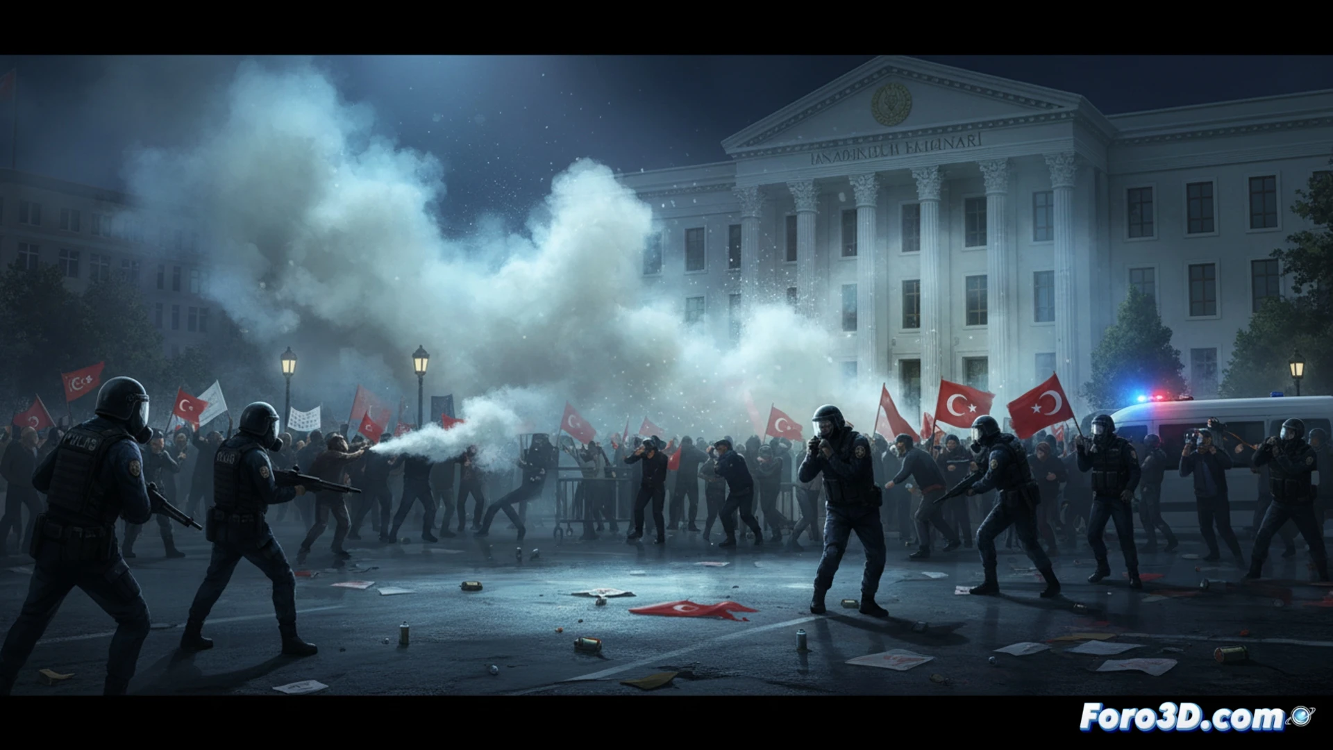 Turkish riot police deploying tear gas canisters at CHP headquarters entrance in Ankara, smoke billowing around broken barricades, officers in full tactical gear pushing through crowd of protesters blocking doors, canisters releasing dense white gas clouds, shattered glass on ground, concrete steps, political building facade with security cameras overhead, cinematic photorealistic style, dramatic chiaroscuro lighting, high-contrast shadows, motion blur on smoke and figures, ultra-detailed uniforms and gas masks, gritty urban conflict scene, technical documentary visualization