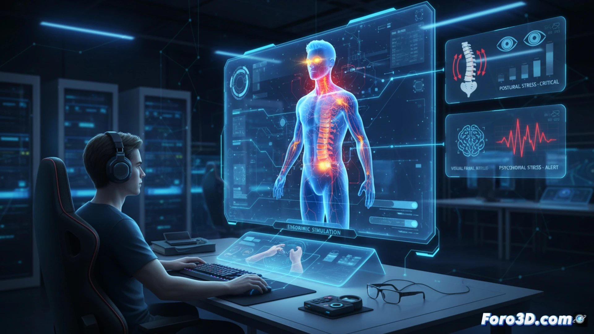 Simulación 3D de un streamer en su setup, con avatares que muestran posturas correctas y puntos de fatiga visual.