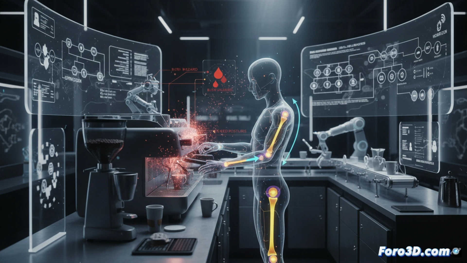 Simulación 3D de barista en gemelo digital de cafetería para análisis de riesgos laborales y ergonomía