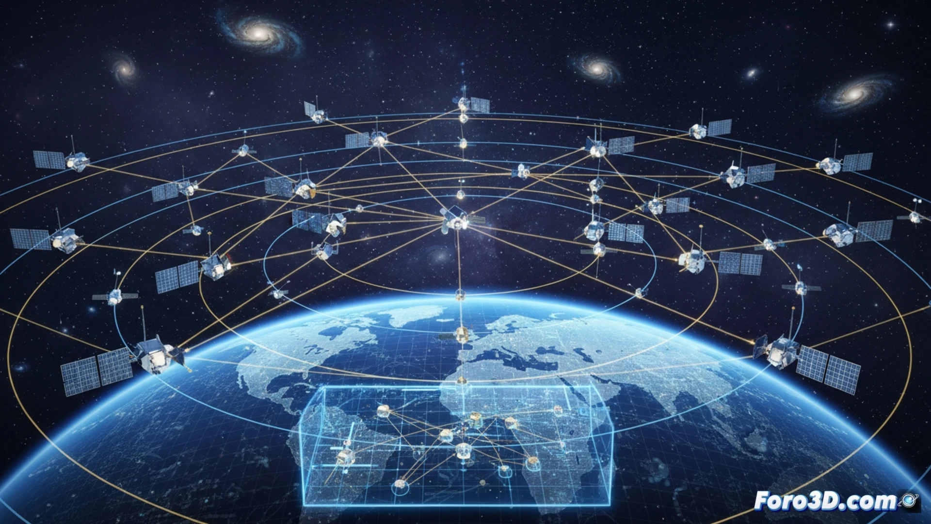 [Representacion 3D de constelacion satelital con enlaces laser orbitales del Proyecto Kuiper de Amazon]