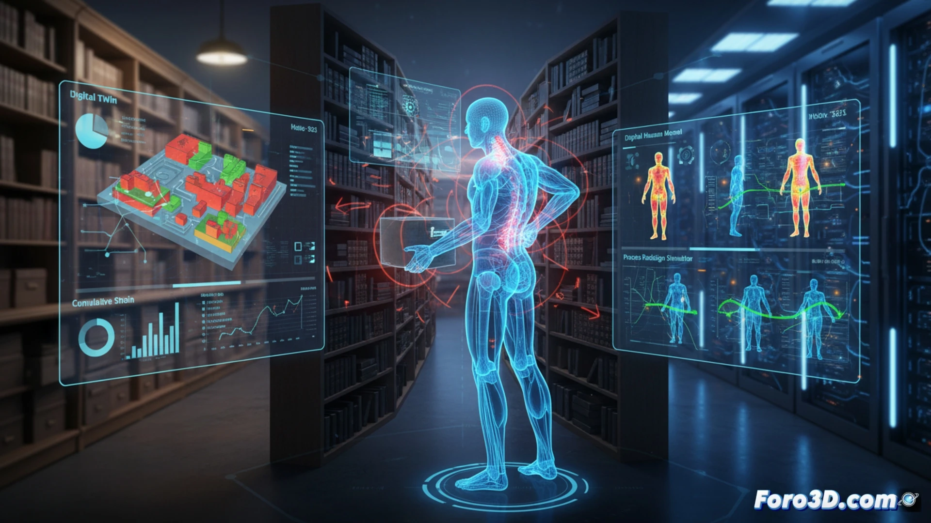 Simulación digital de archivo con puntos de riesgo ergonómico para archivista manipulando cajas pesadas en estanterías altas