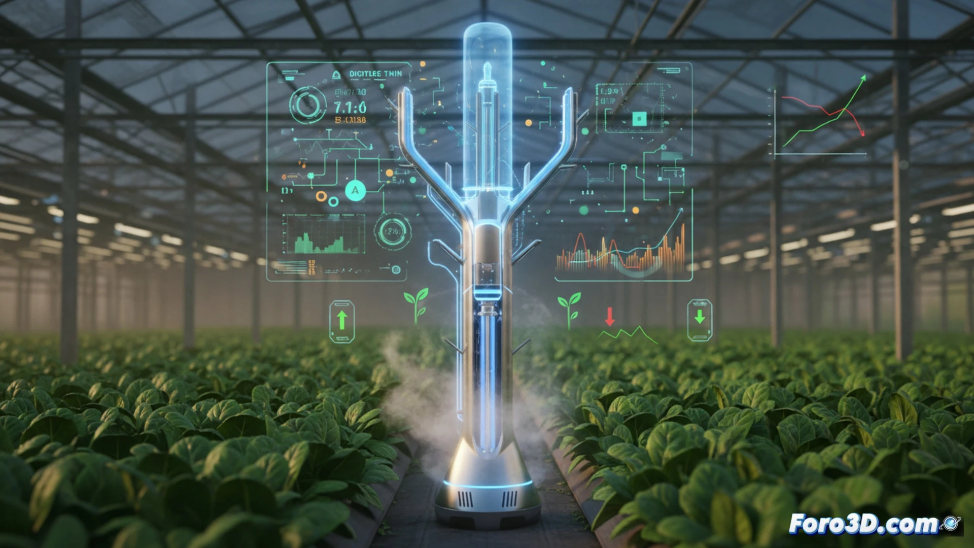 Gemelo digital del Skytree Stratus optimizando CO2 en invernadero de agricultura vertical
