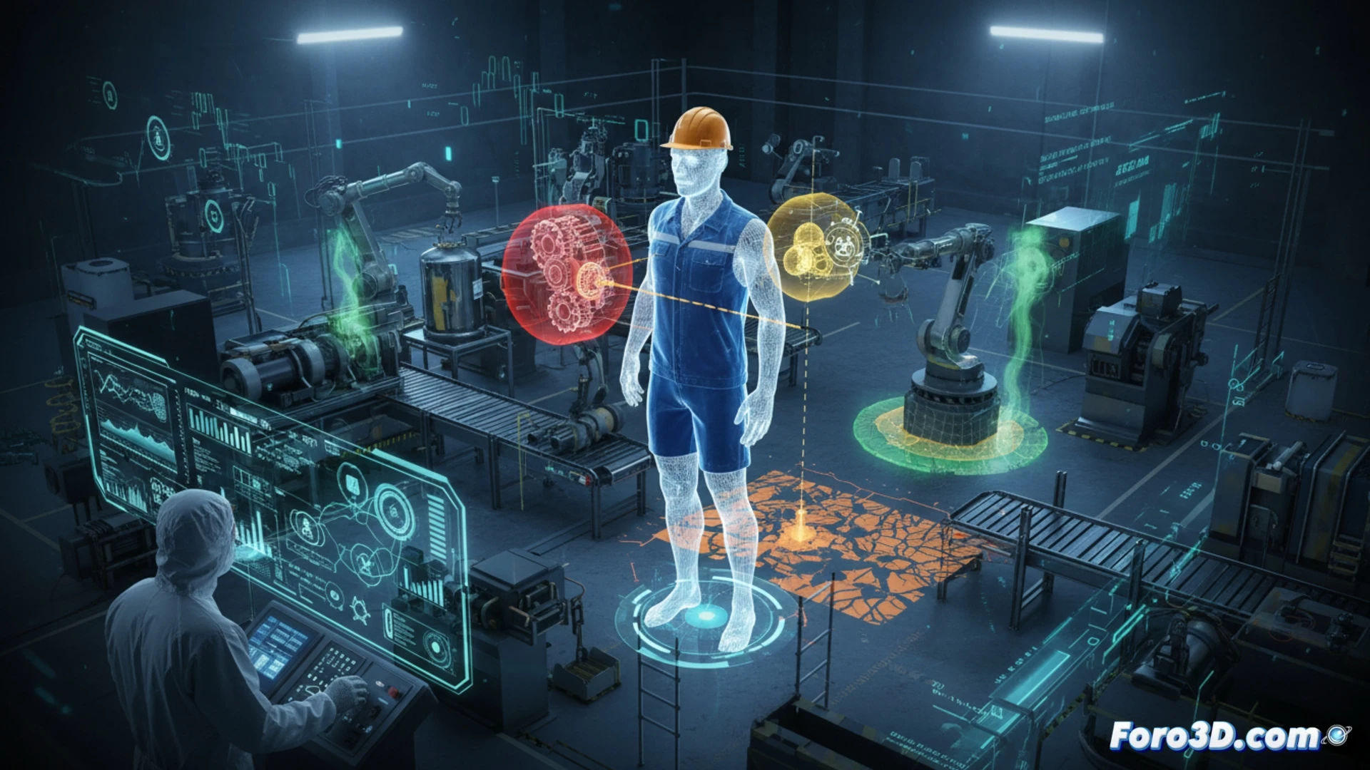 Operario en fábrica virtual con gemelo digital para simular riesgos laborales y prevenir accidentes industriales