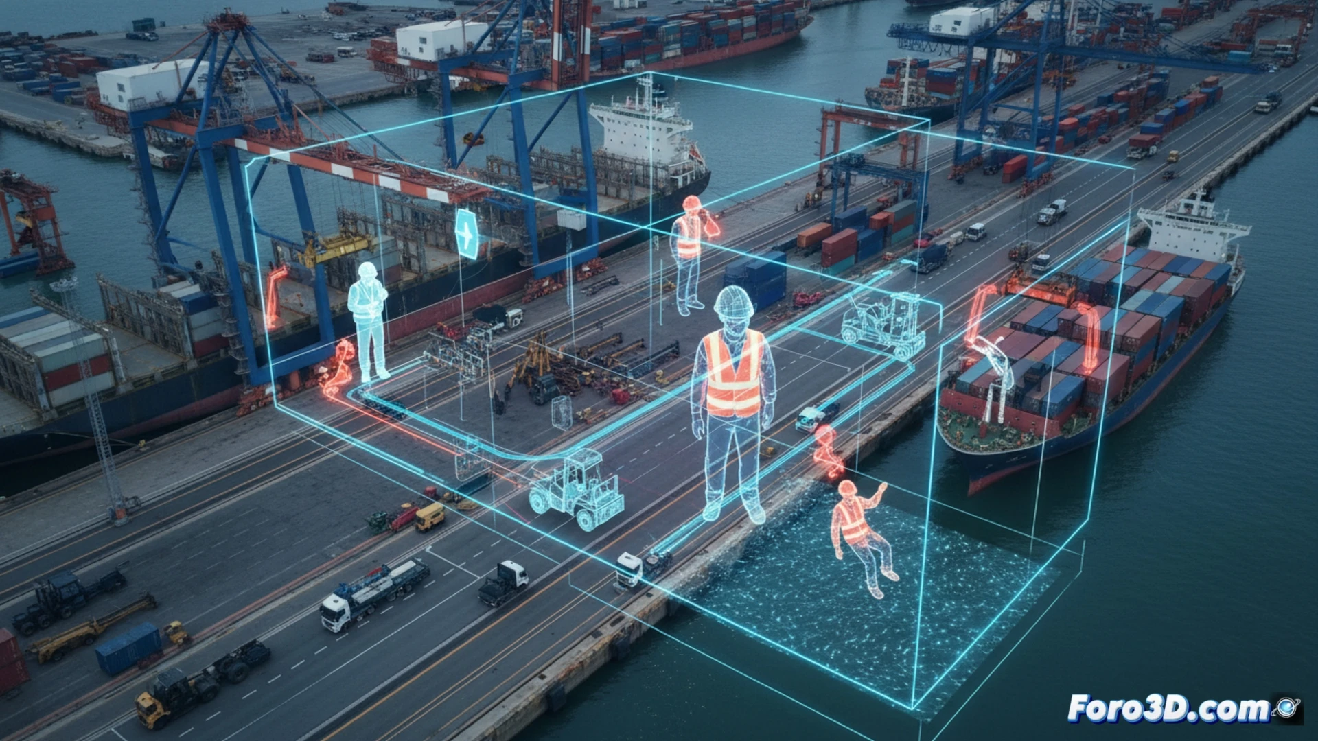 Simulación 3D de puerto con técnico y maquinaria pesada, prevención de riesgos laborales en logística industrial