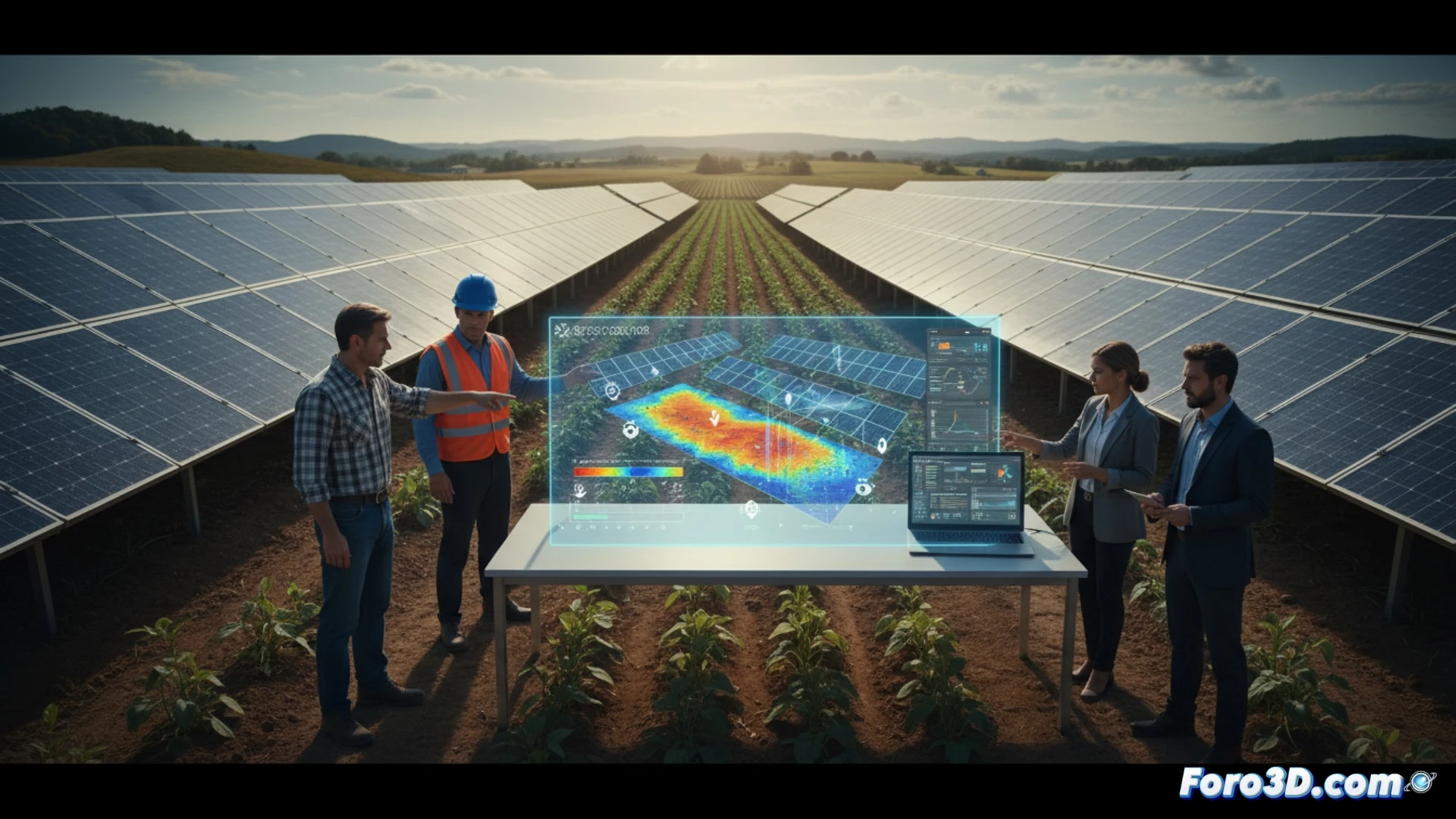 Reconstrucción 3D de terreno agrivoltaico con paneles solares y sombras simuladas para peritaje legal