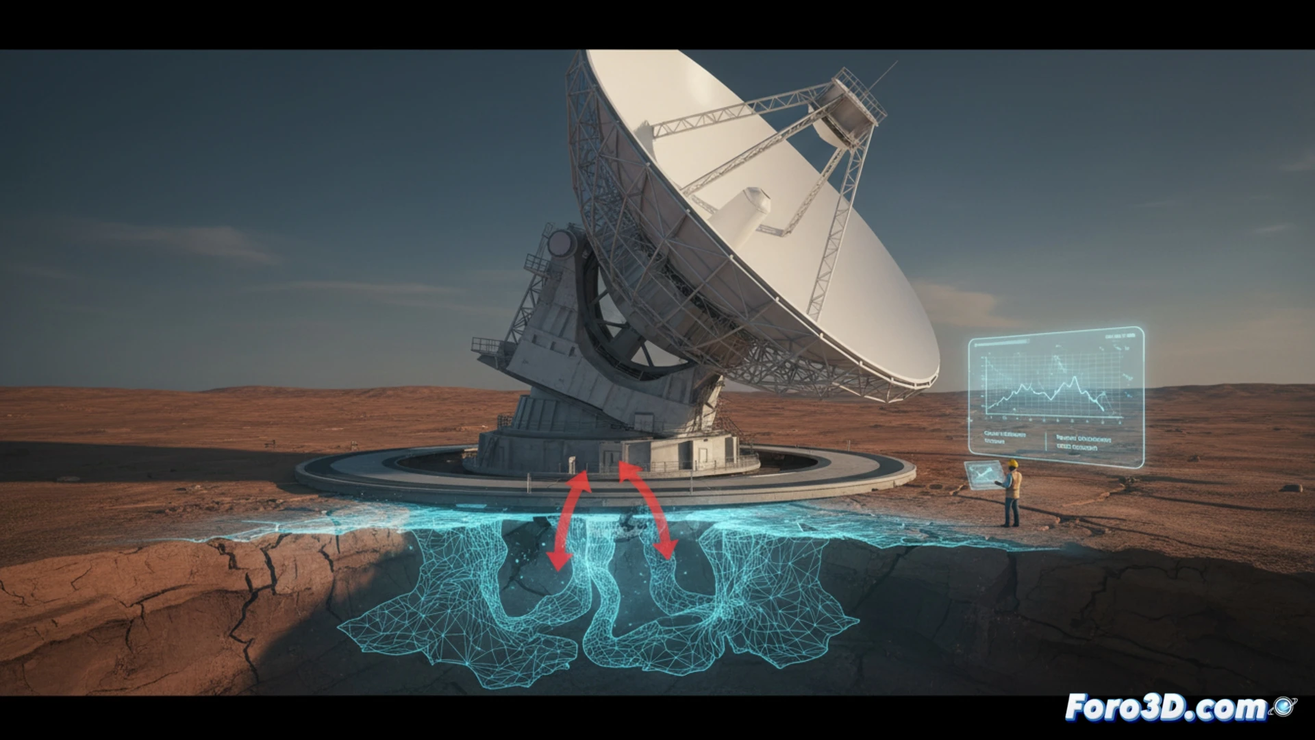 Modelo 3D de radiotelescopio de 100 metros con mapa de calor del asentamiento diferencial del terreno