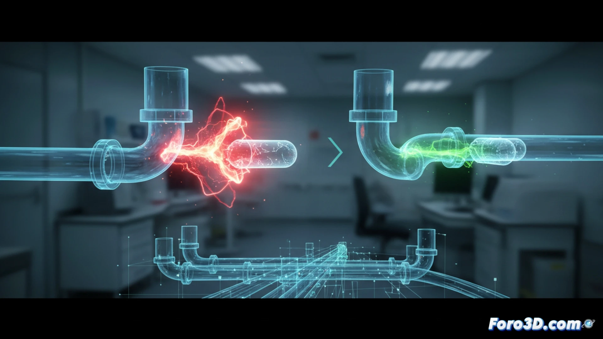 Gemelo digital de red neumática hospitalaria con simulación CFD mostrando codos críticos y flujo de aire turbulento