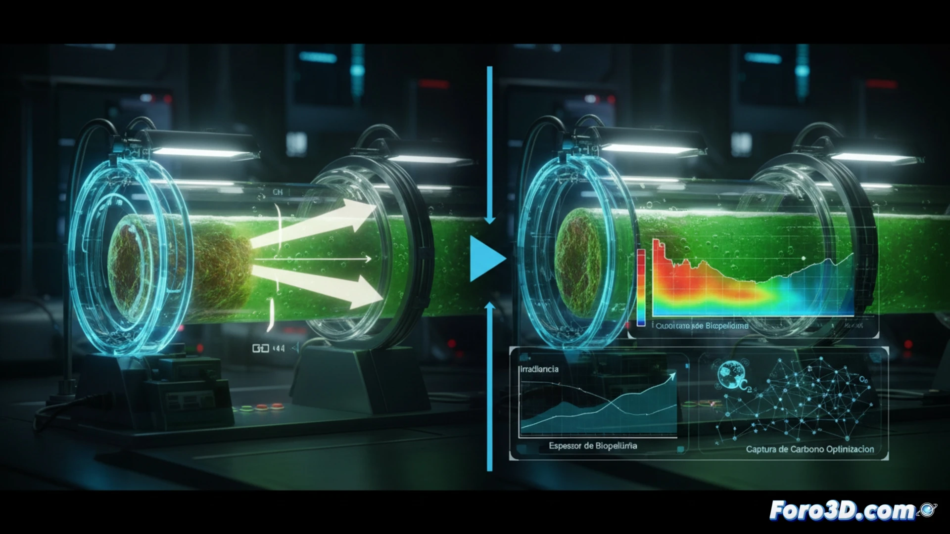 Gemelo digital de fotobiorreactor tubular 3D con biofilm bloqueando luz en pared interna de polímero