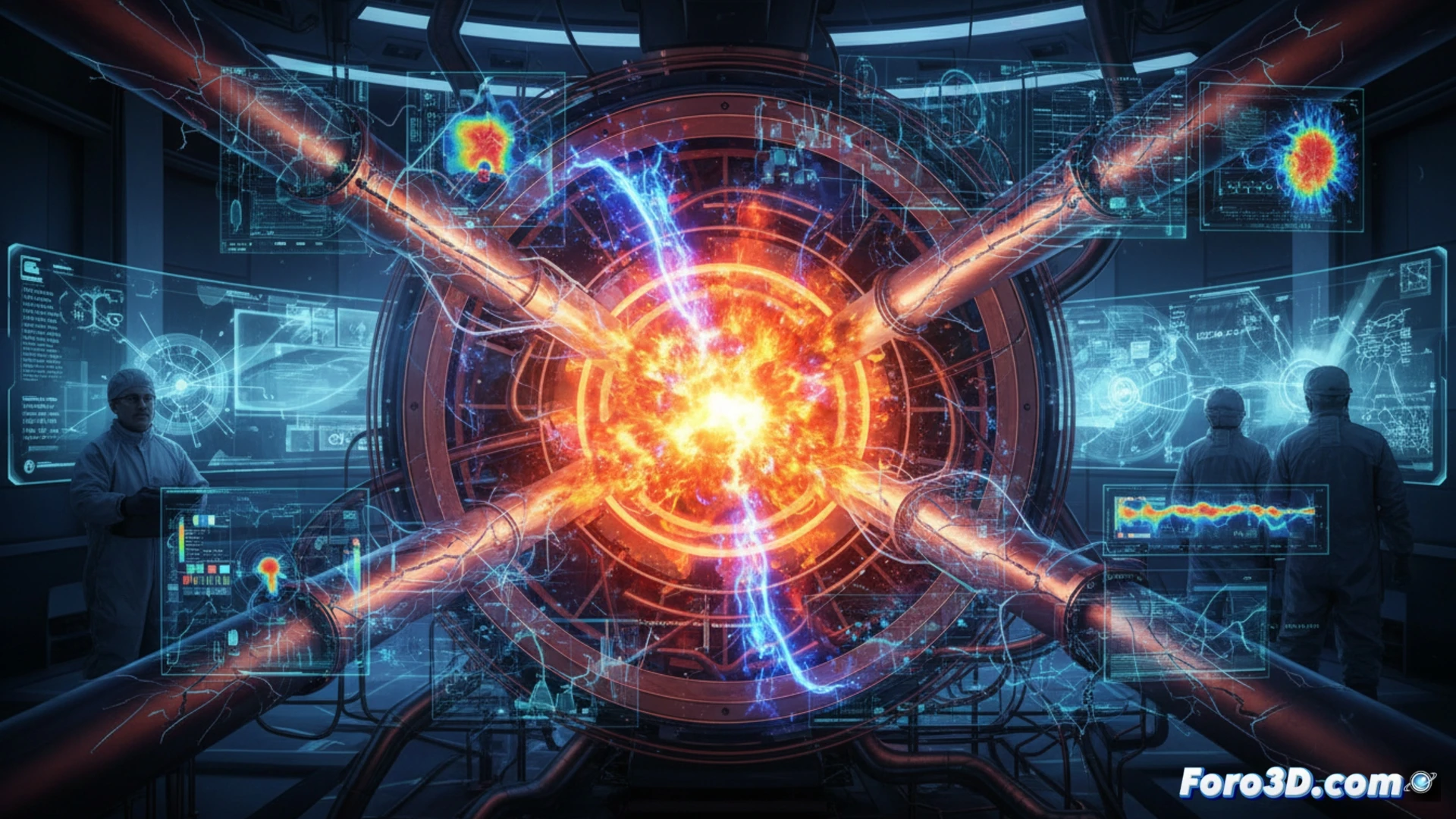 Visualización 3D de gemelo digital de tokamak con mapa térmico y deformaciones estructurales en colores rojo y naranja