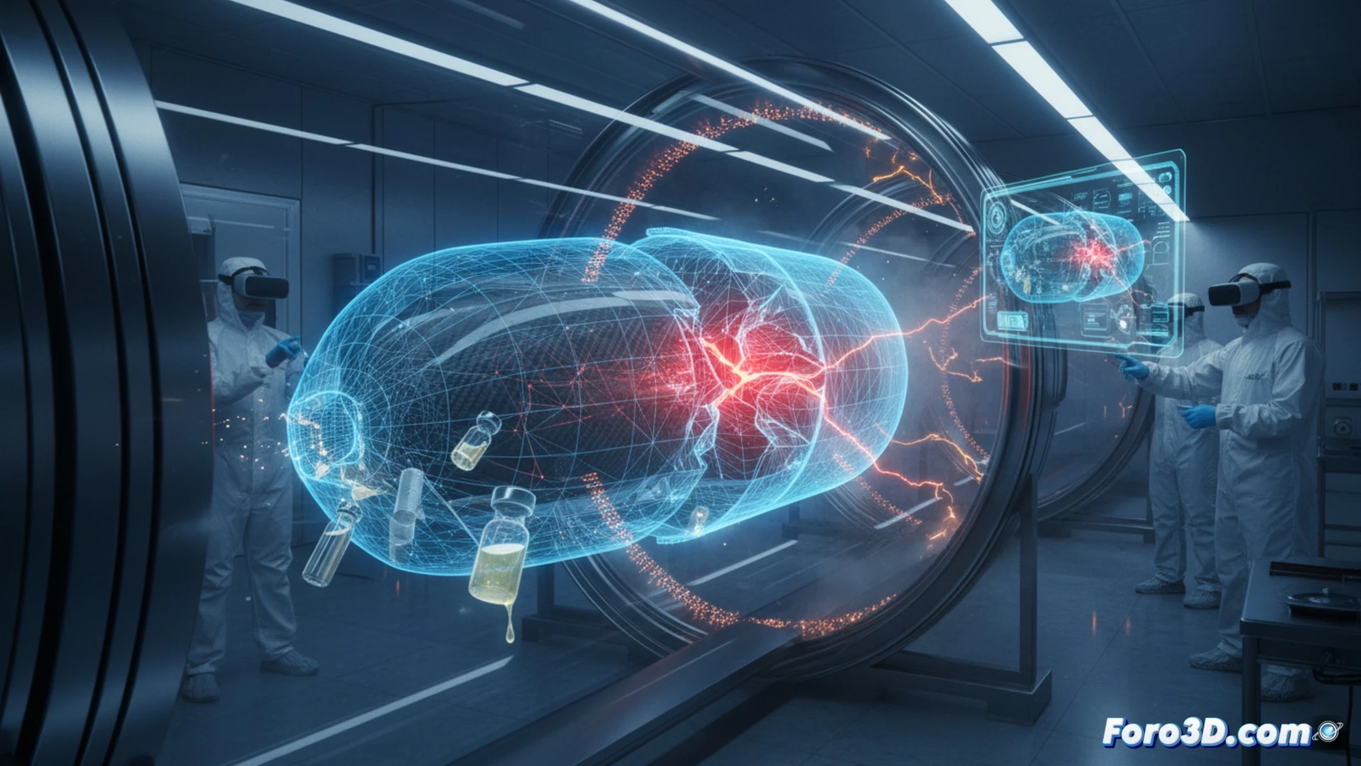 Cápsula Maglev farmacéutica con fallo de levitación en tubo de vacío, renderizado 3D de gemelo digital
