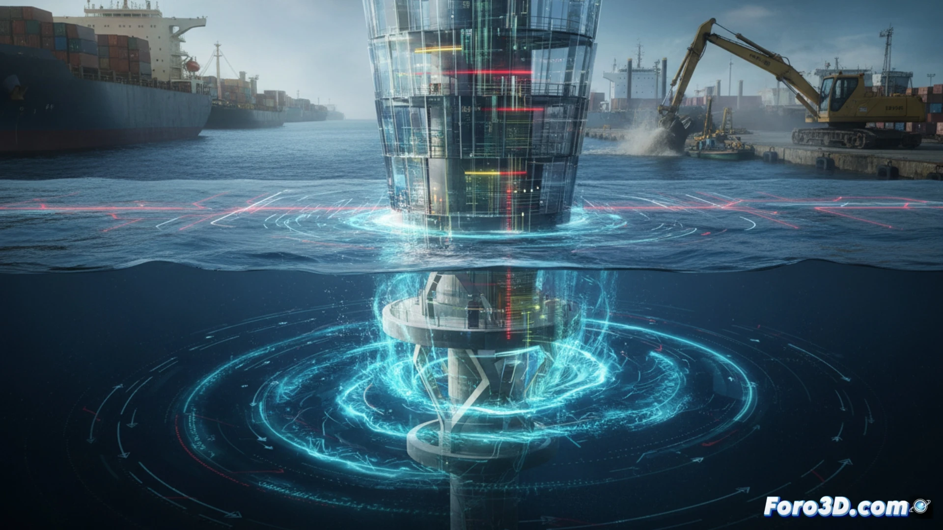 Gemelo digital de torre portuaria con sensores LiDAR y vórtices submarinos visibles en simulación 3D