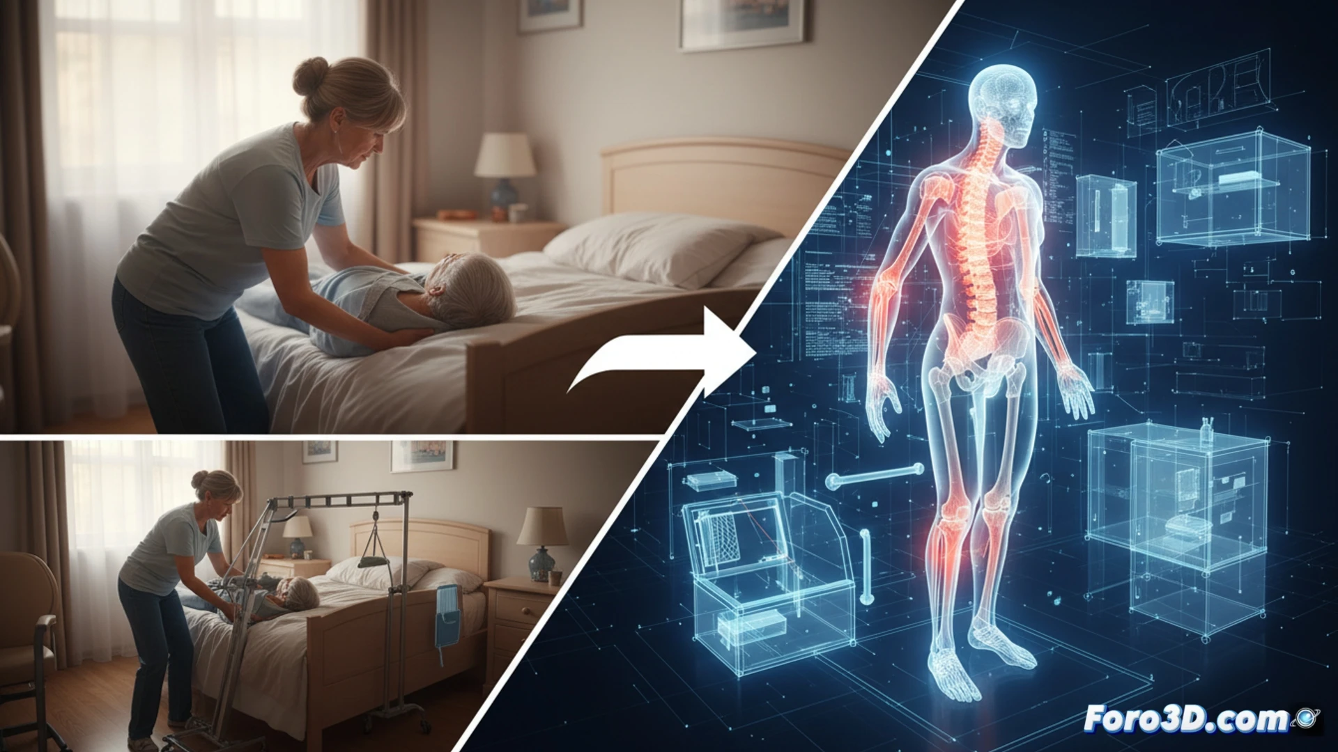 Simulación 3D de cuidador movilizando paciente en cama, con análisis ergonómico y prevención de lesiones lumbares