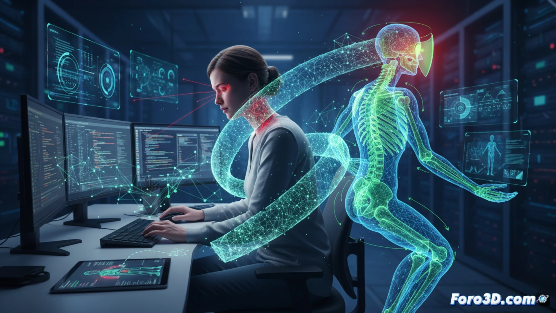 Gemelo digital 3D de un desarrollador web con análisis ergonómico en tiempo real y alertas de postura.