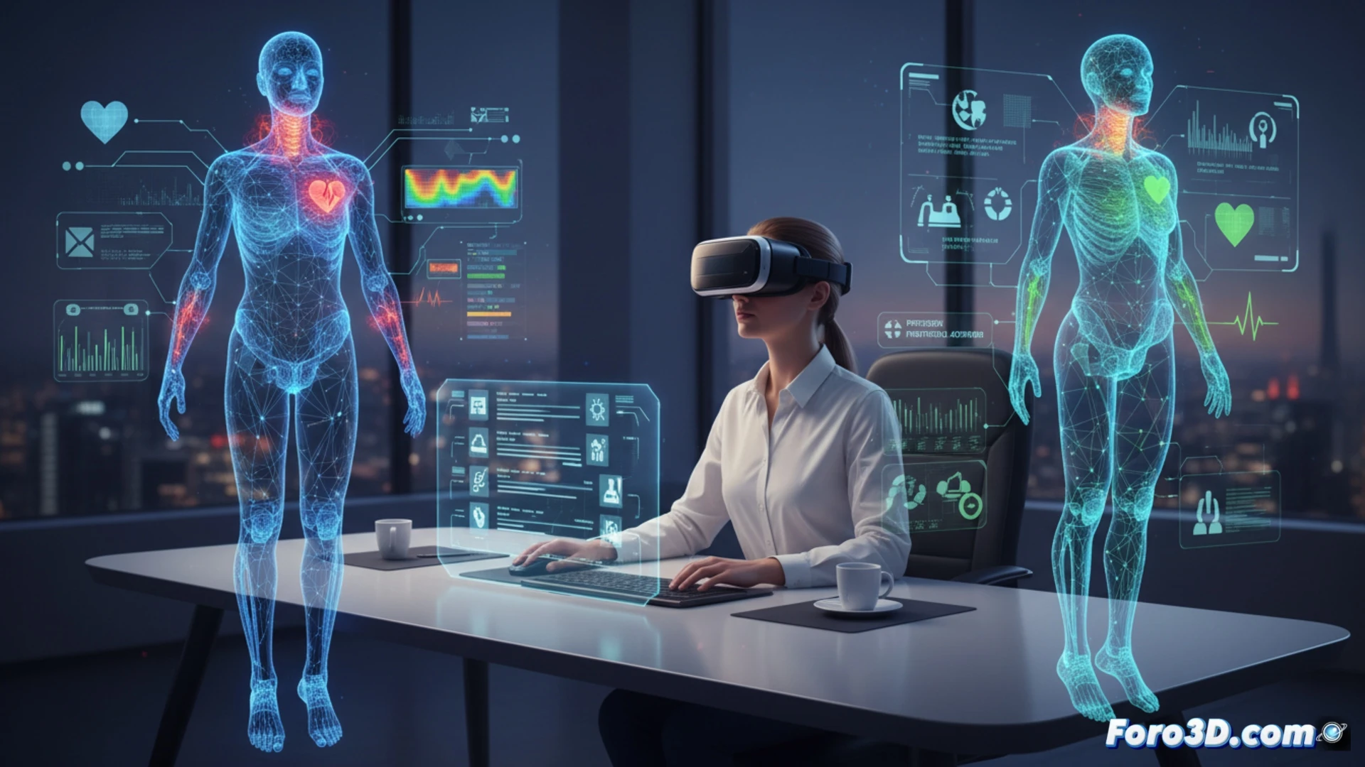 Simulación 3D de asistente personal revisando postura ergonómica en escritorio portátil para prevenir estrés laboral