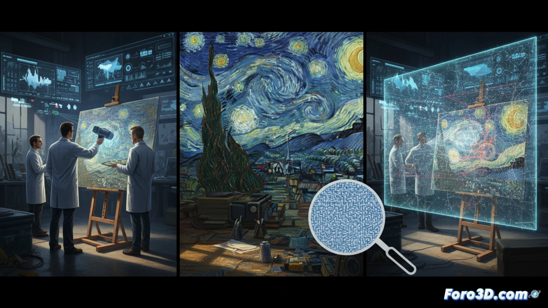 Gemelo digital de un cuadro de Van Gogh en proceso de análisis forense 3D para detectar falsificaciones