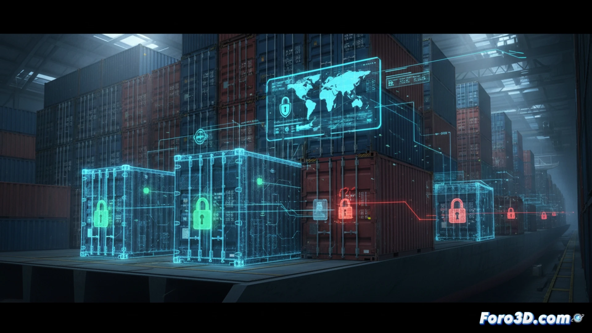 Gemelo digital de contenedor marítimo monitoreando precinto en tiempo real para seguridad logística
