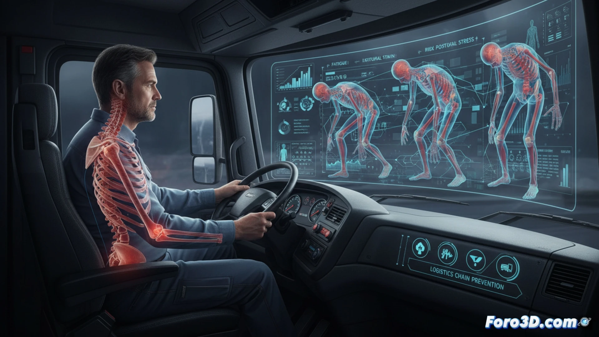 Simulación 3D de gemelo digital en cabina de camión para análisis ergonómico y prevención de riesgos laborales del conductor