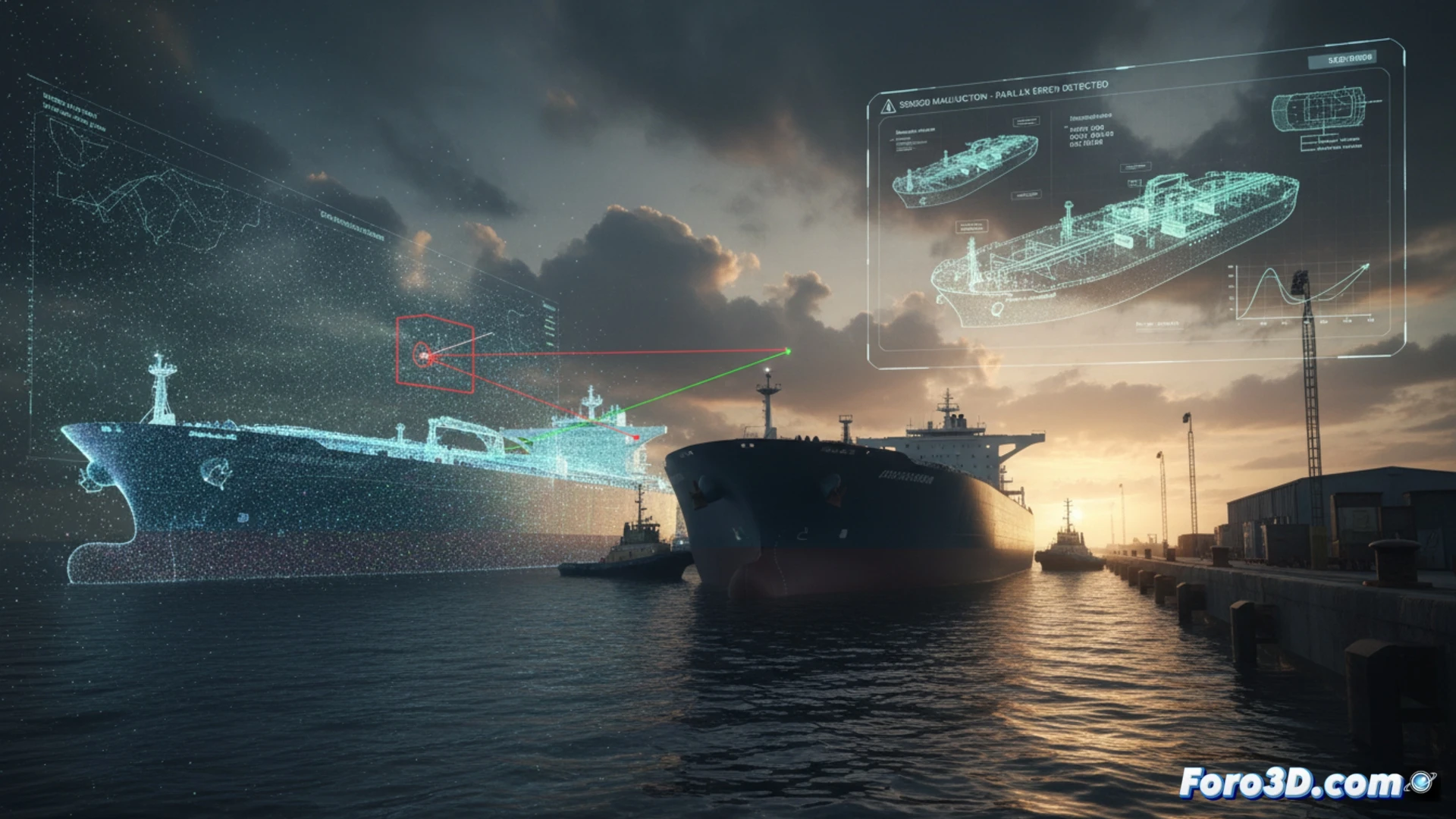 Gemelo digital de muelle portuario con superpetrolero atracando, mostrando sensores LiDAR y nube de puntos en 3D