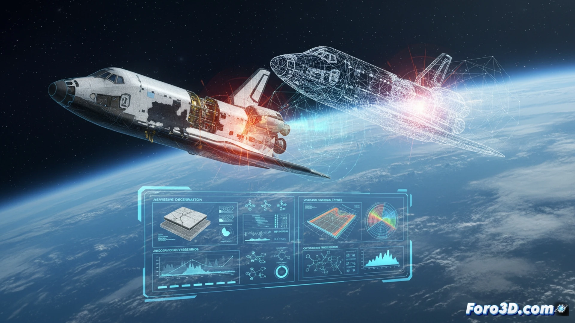 Simulación 3D de gemelo digital mostrando tejas térmicas en nave suborbital durante reentrada atmosférica