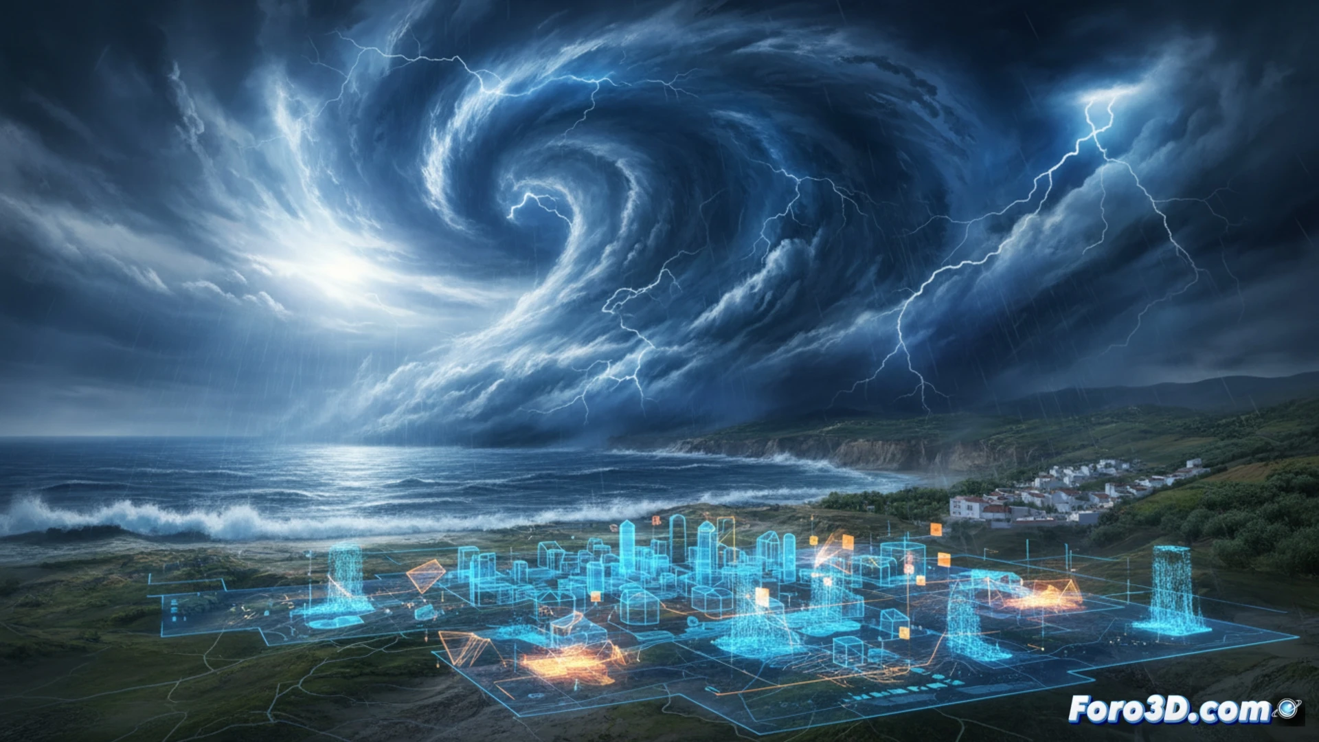 Simulación 3D de inundación por borrasca atlántica en mapa de Andalucía con datos meteorológicos