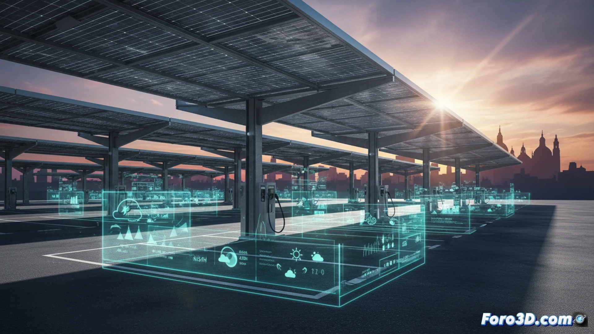Paneles solares en aparcamiento público de Zaragoza con sombra para coches y puntos de recarga eléctrica