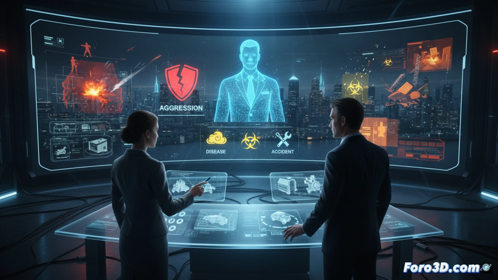 Simulación 3D de gemelo digital protegiendo a diplomáticos en zona de conflicto con escudo de datos