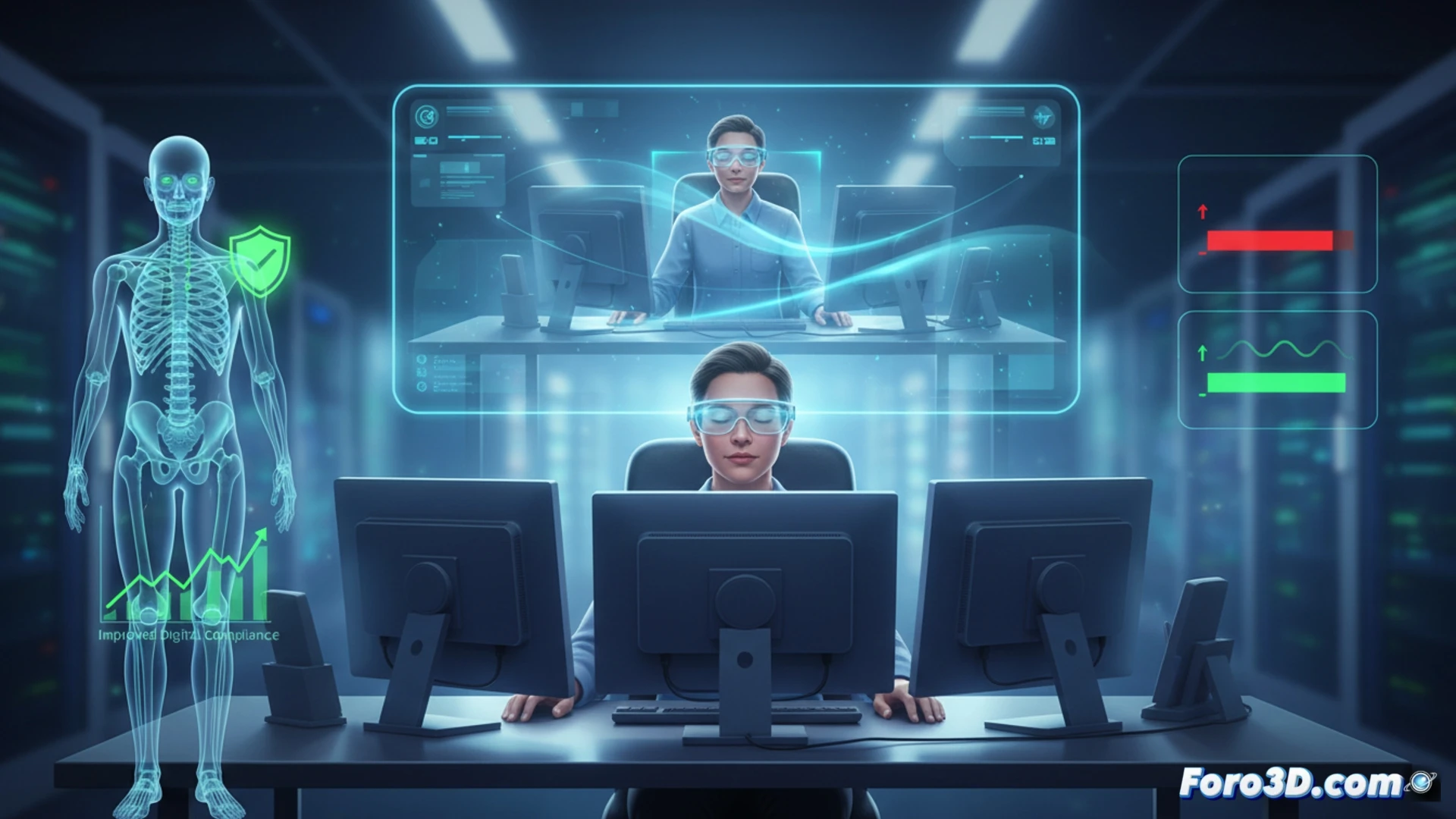 Simulación 3D de registrador con gafas de realidad virtual en oficina digital, luces tenues y postura ergonómica