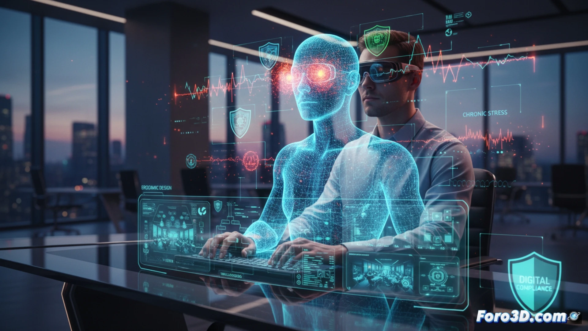Simulación 3D de gemelo digital para analista ESG en oficina, mostrando riesgos de fatiga visual y estrés laboral