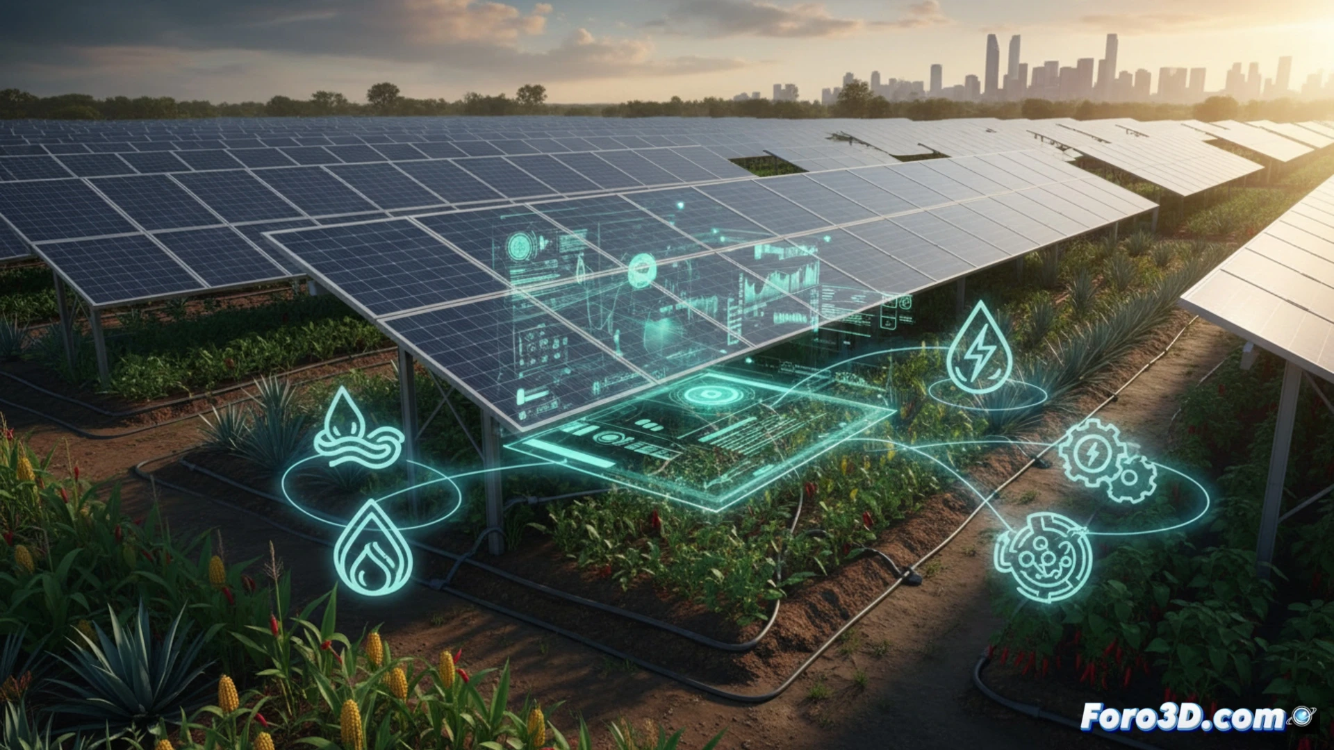 Simulación 3D de gemelo digital en sistema agrovoltaico con paneles solares sobre cultivos en México