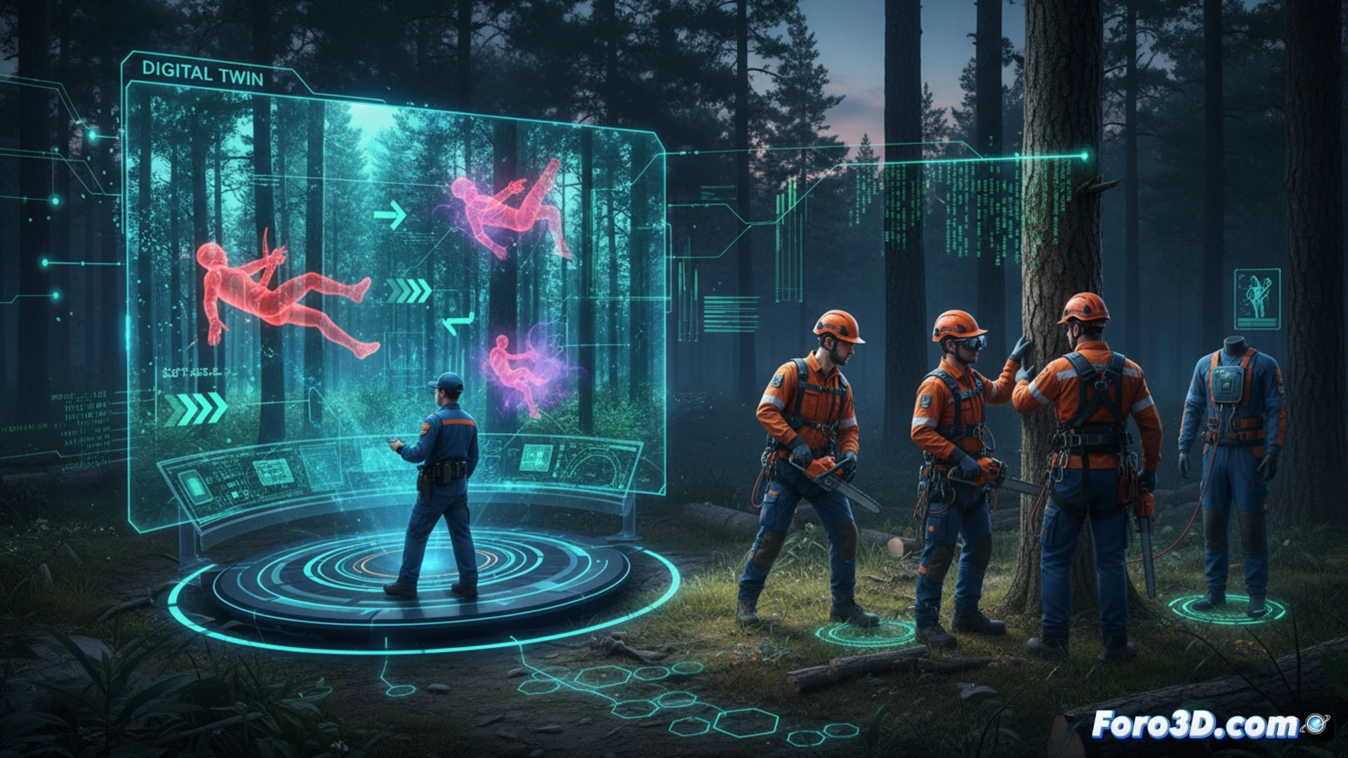 Simulación 3D de trabajador forestal con motosierra en bosque, mostrando riesgos y prevención de accidentes