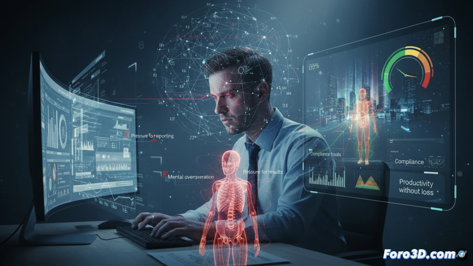 Simulación 3D de oficina con monitor de estrés y alertas de compliance digital para controller