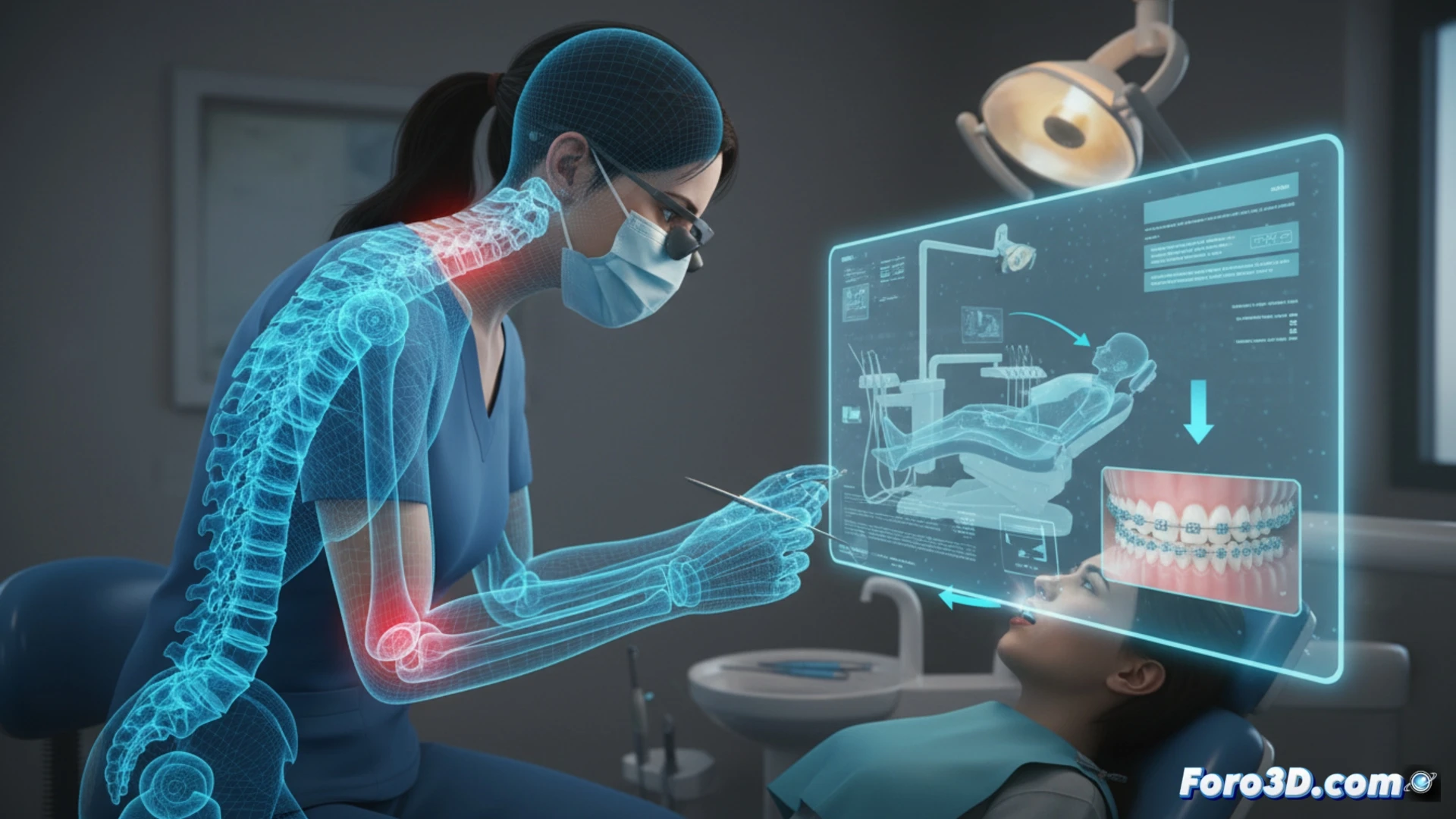 Gemelo digital de ortodoncista analizando postura y movimientos repetitivos con gafas de realidad virtual, fondo clínico