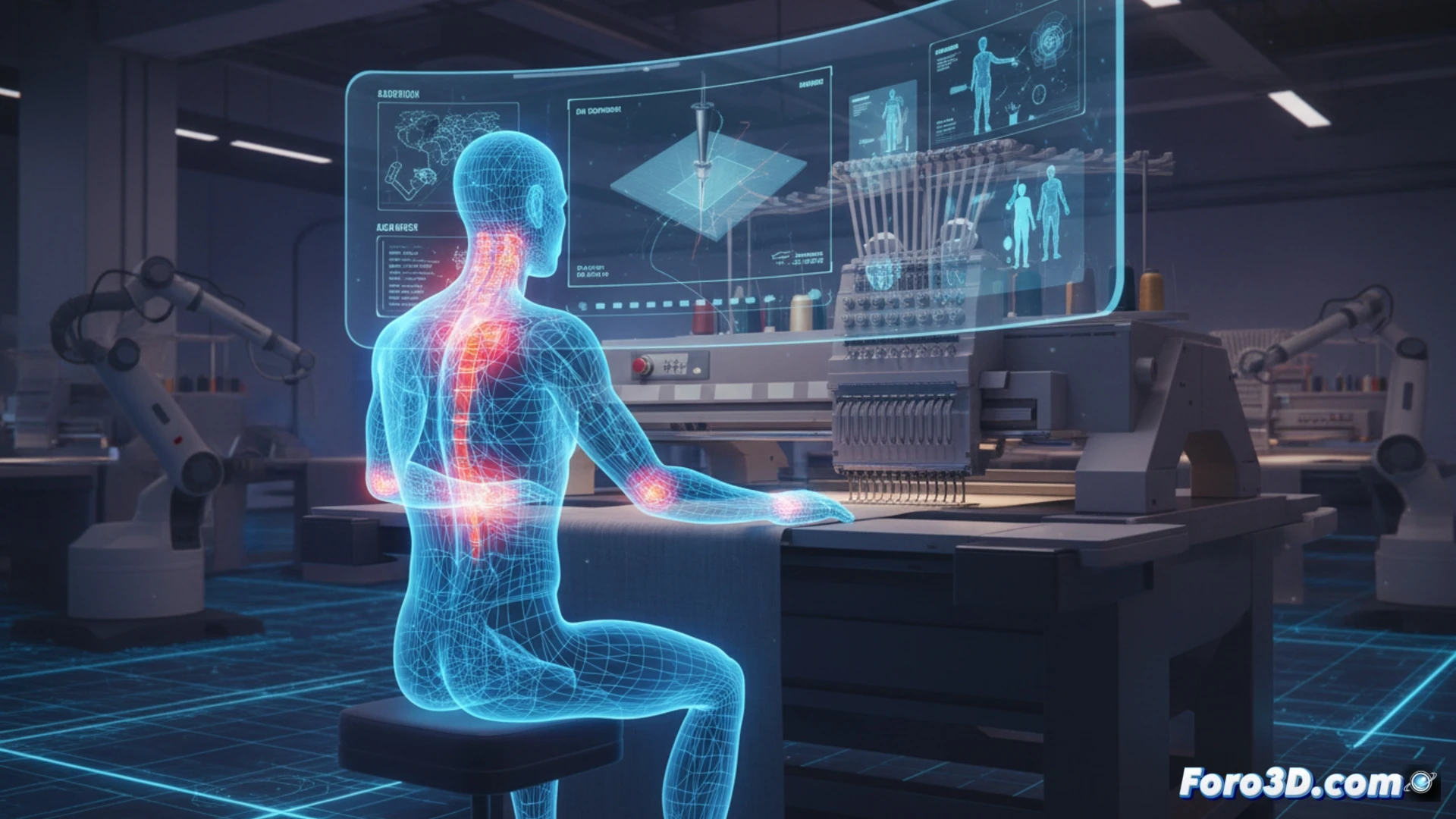Simulación 3D de postura ergonómica de bordadora en taller textil con herramientas digitales