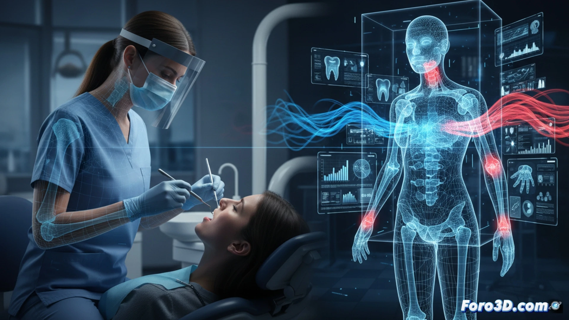 Modelo 3D de gemelo digital ergonómico analizando postura de higienista dental en clínica