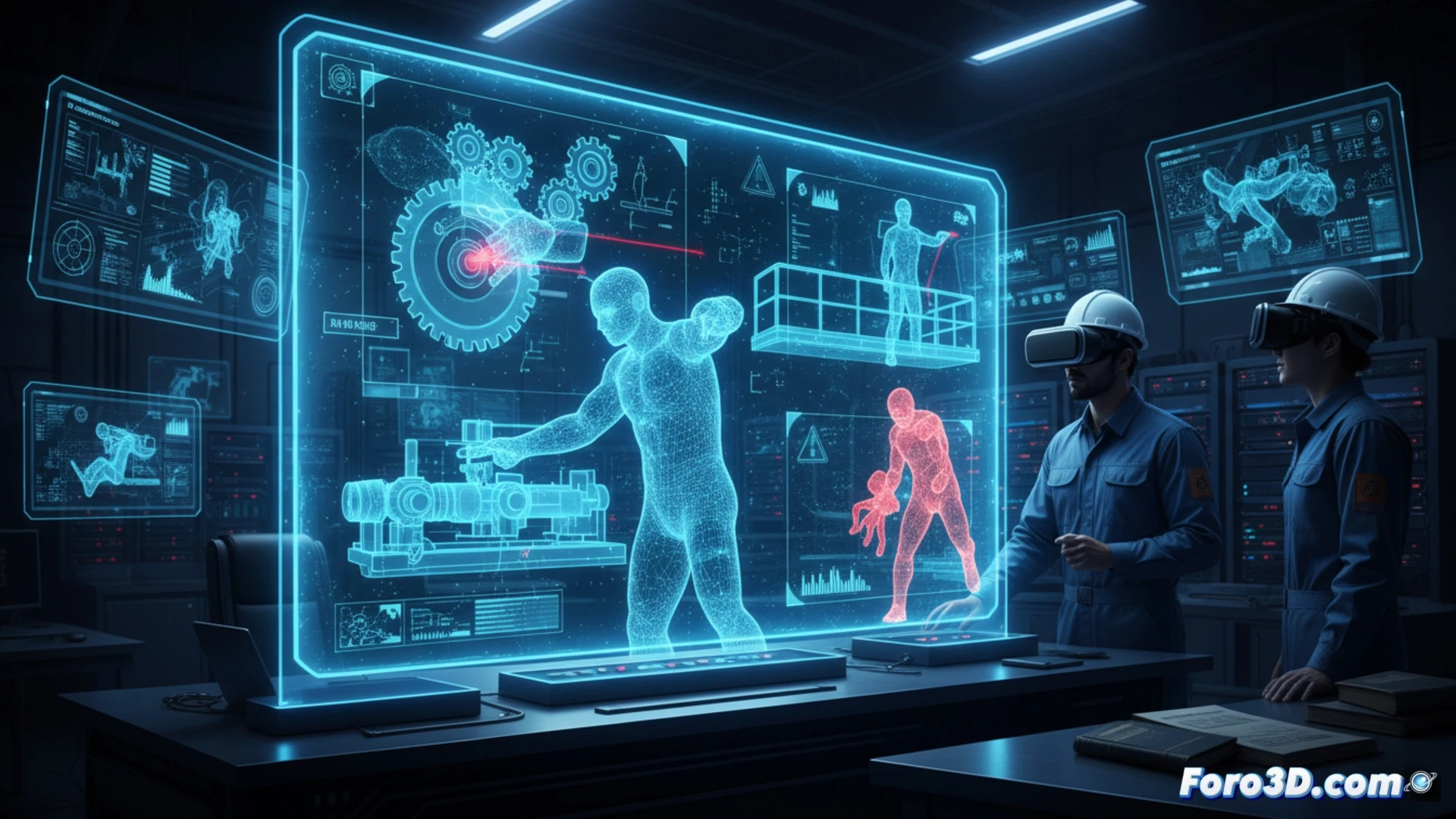 Simulación 3D de mecánico industrial revisando maquinaria con gemelo digital para prevención de riesgos laborales