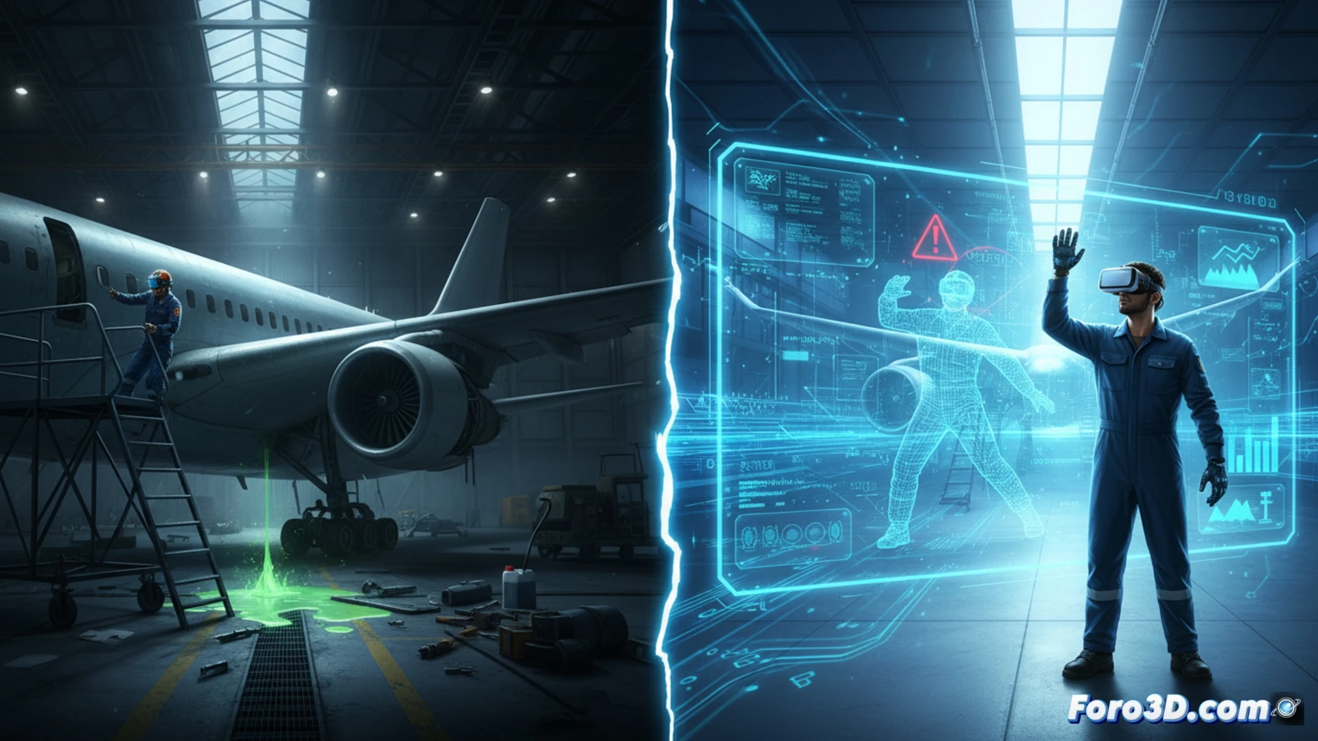 Simulación de gemelo digital con mecánico aeronáutico en hangar virtual para entrenamiento de seguridad laboral