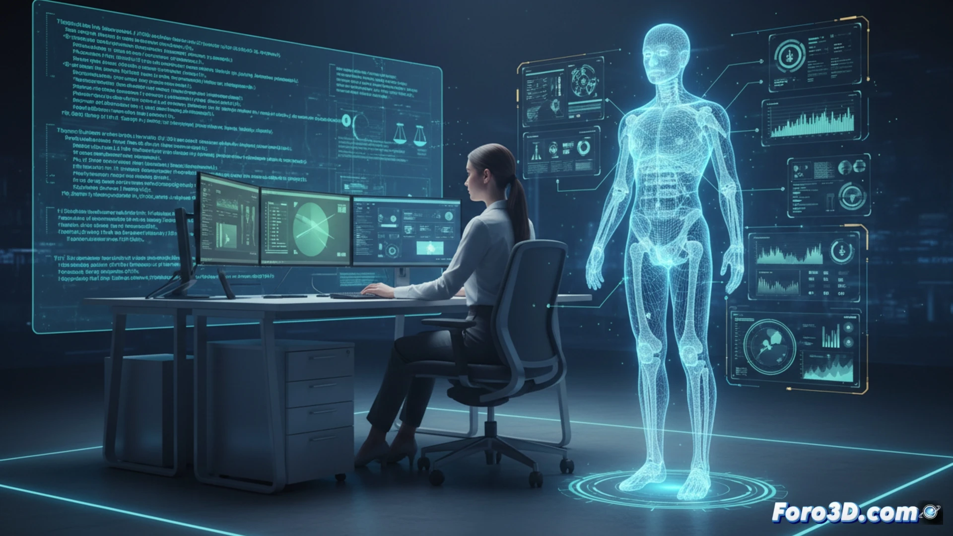 Gemelo digital 3D de oficina con avatar de auxiliar administrativo en postura ergonómica y análisis de riesgos laborales