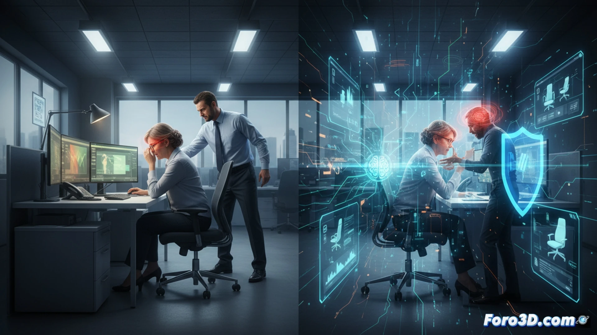 Gemelos digitales simulando riesgos laborales en oficina pública con funcionarios y tecnología 3D preventiva