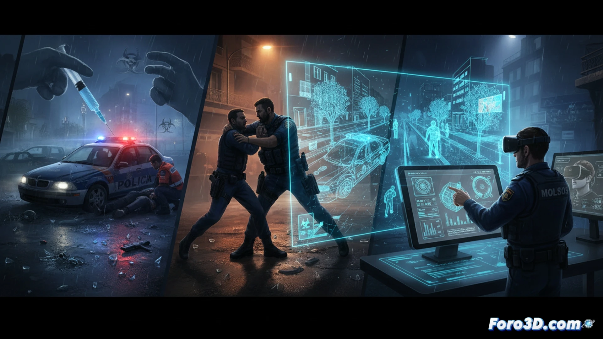 Simulación 3D de un agente de Mossos d Esquadra en un escenario de riesgo laboral para prevención
