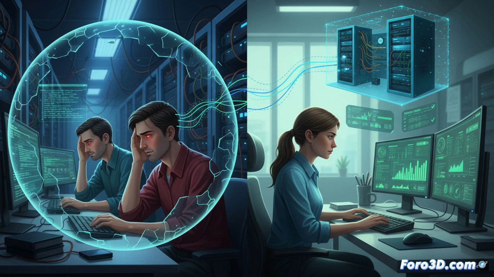 Modelo 3D de gemelo digital sysadmin previniendo riesgos laborales en sala servidores con simulación ergonómica