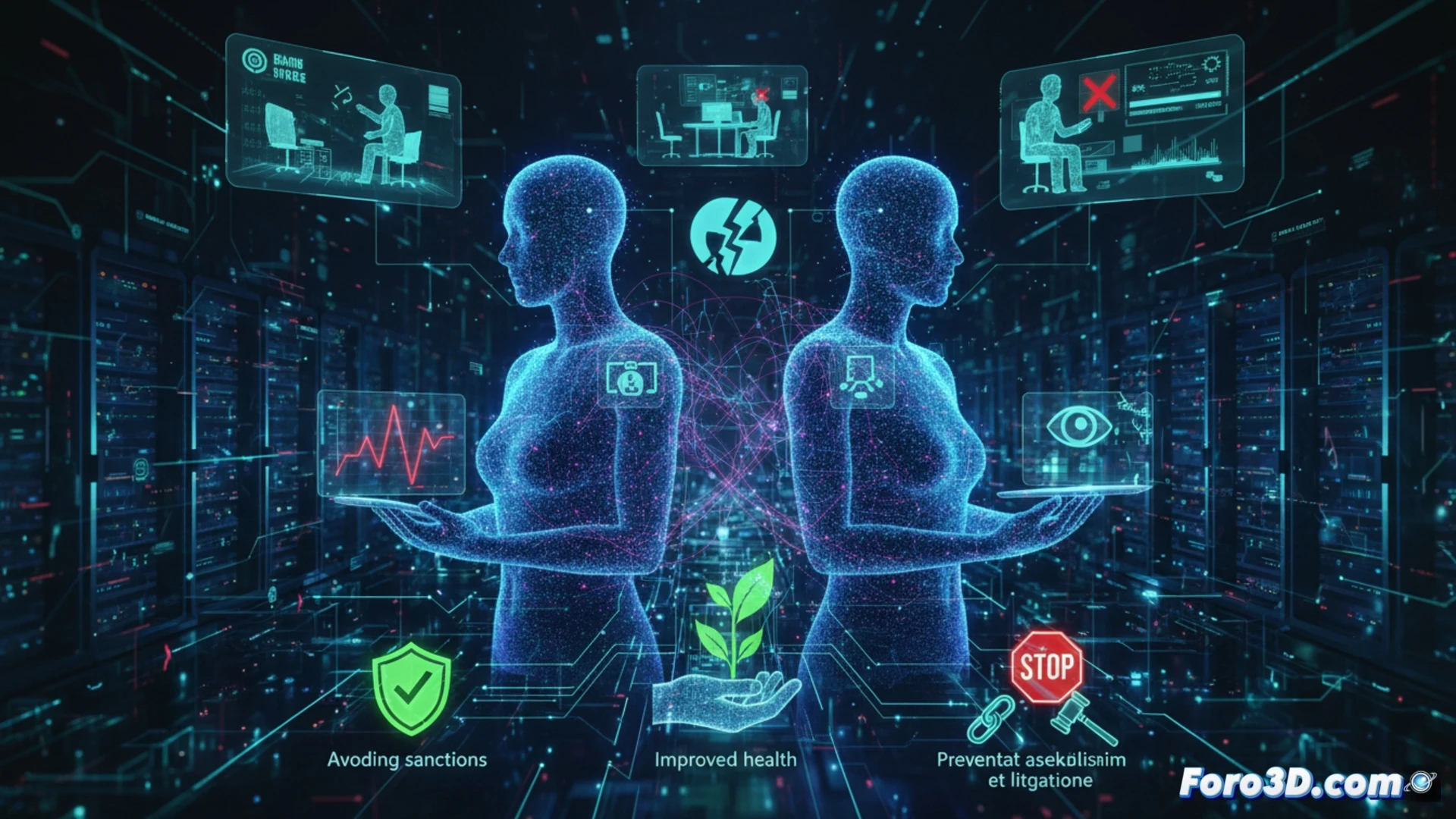 Gemelo digital 3D simulando empleados en oficina para detectar riesgos psicosociales y cumplir normativa laboral