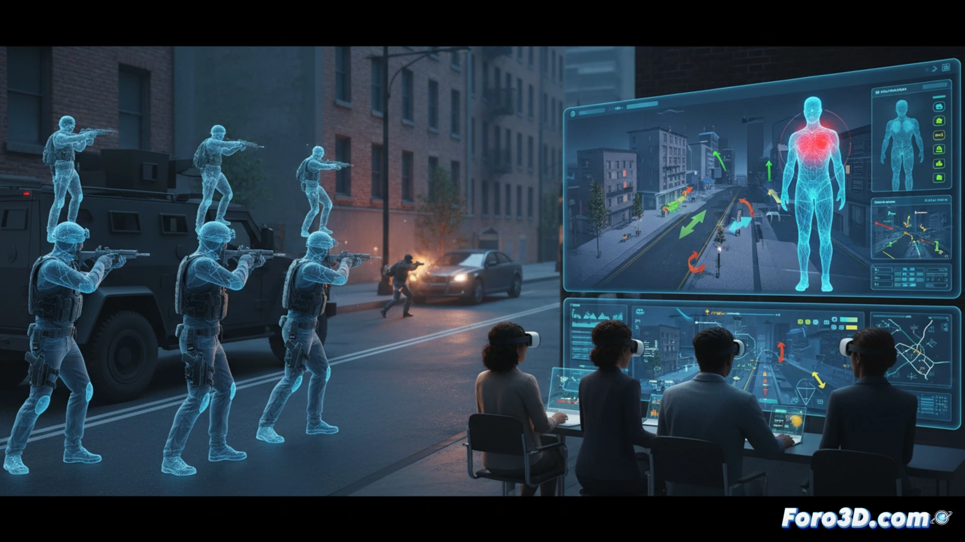 Simulacion 3D de escolta protegiendo a vulnerable en entorno urbano de alto riesgo con amenazas