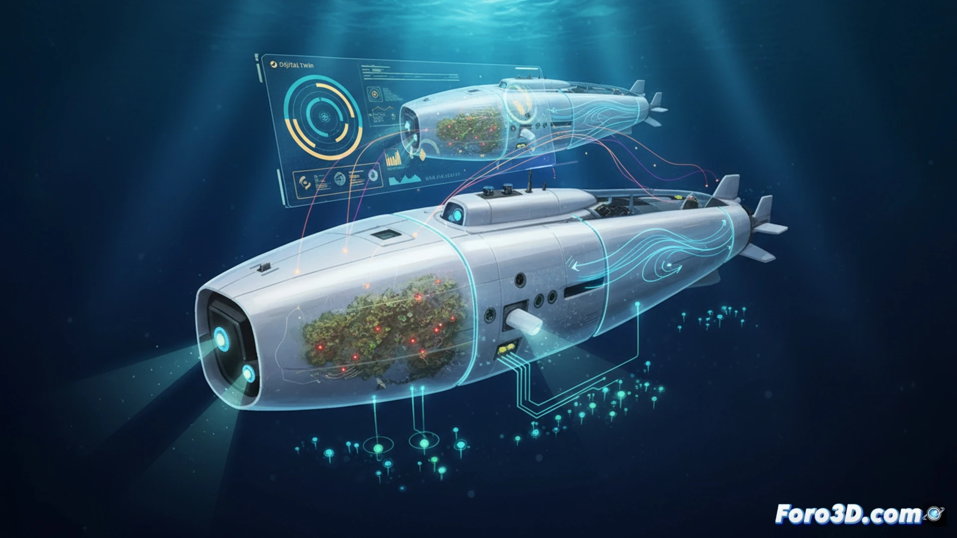 Gemelo digital monitoreando biofouling en casco de sumergible con sensores y datos en tiempo real